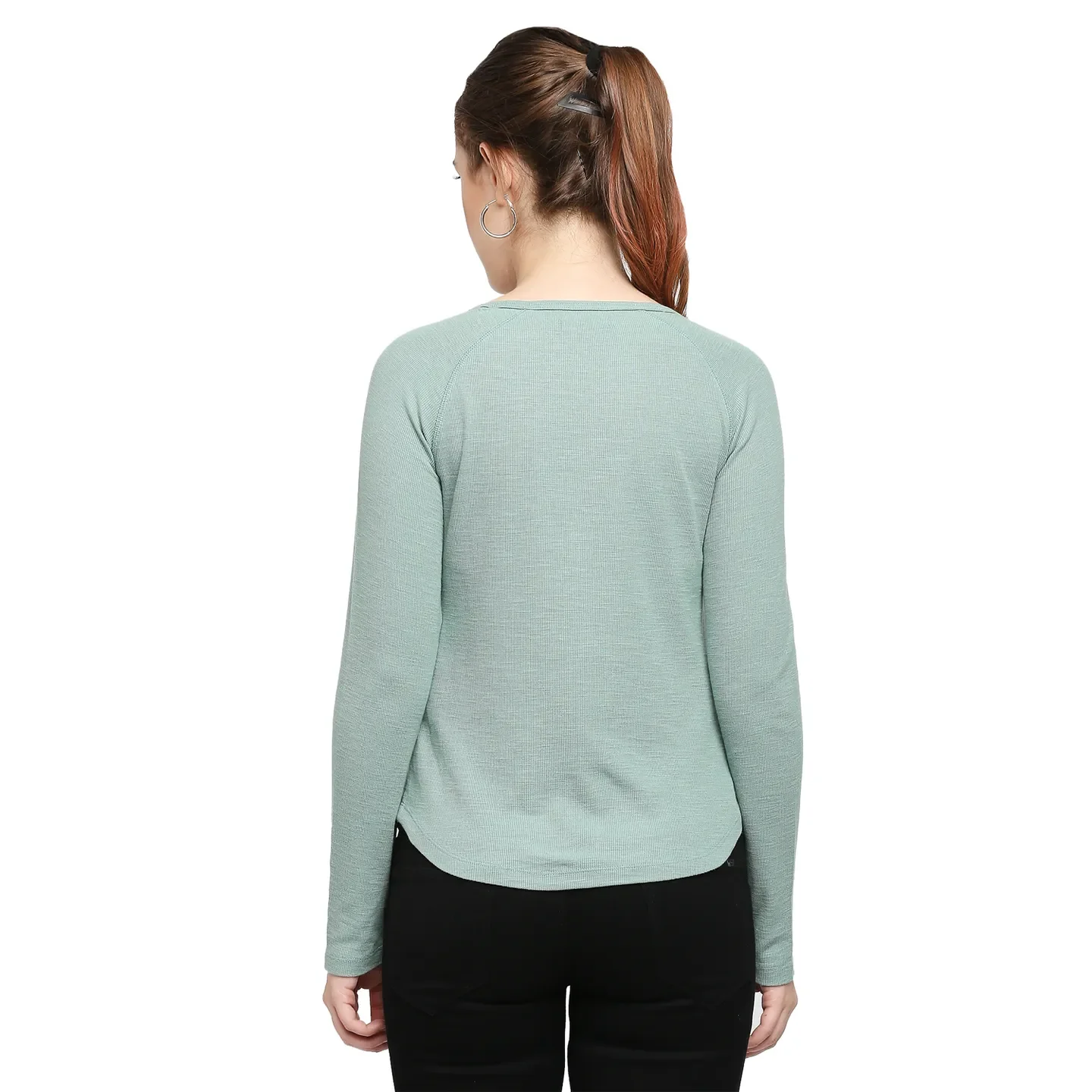 Green Slim Fit Round Neck Long Sleeves Cotton Women's T-Shirt by Being Human Clothing - Image 4