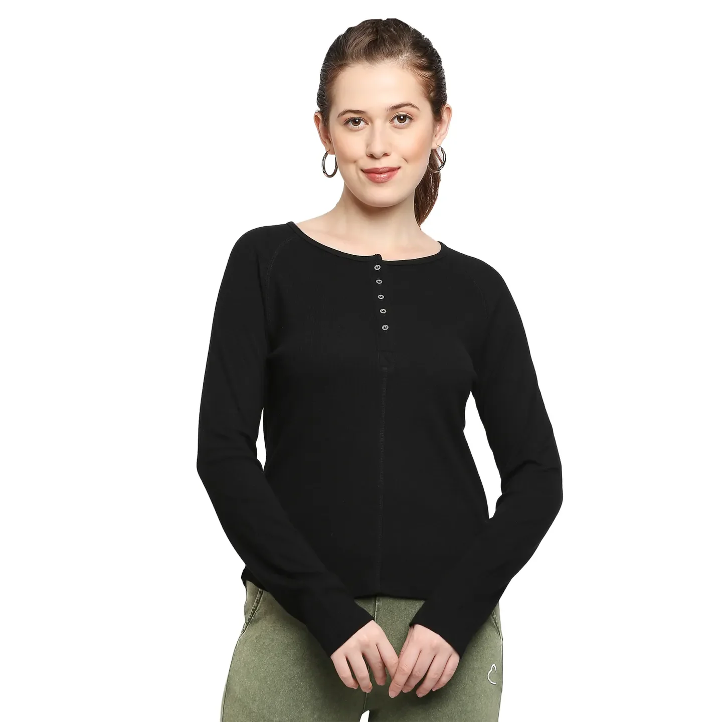 Black Slim Fit Round Neck Long Sleeves Cotton Women's T-Shirt by Being Human Clothing