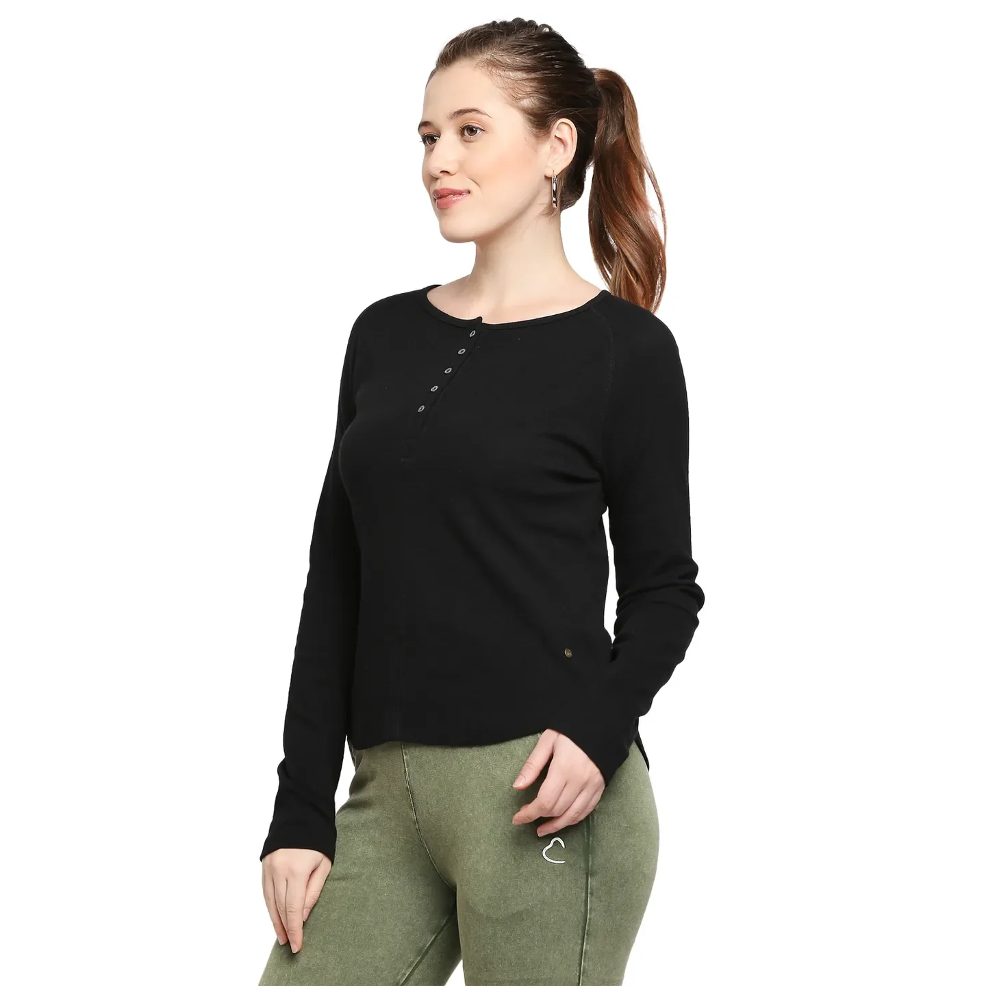 Black Slim Fit Round Neck Long Sleeves Cotton Women's T-Shirt by Being Human Clothing - Image 2