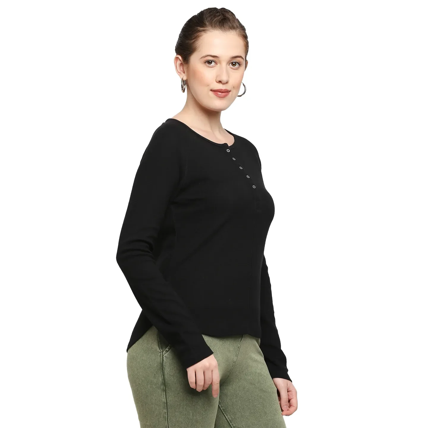 Black Slim Fit Round Neck Long Sleeves Cotton Women's T-Shirt by Being Human Clothing - Image 3