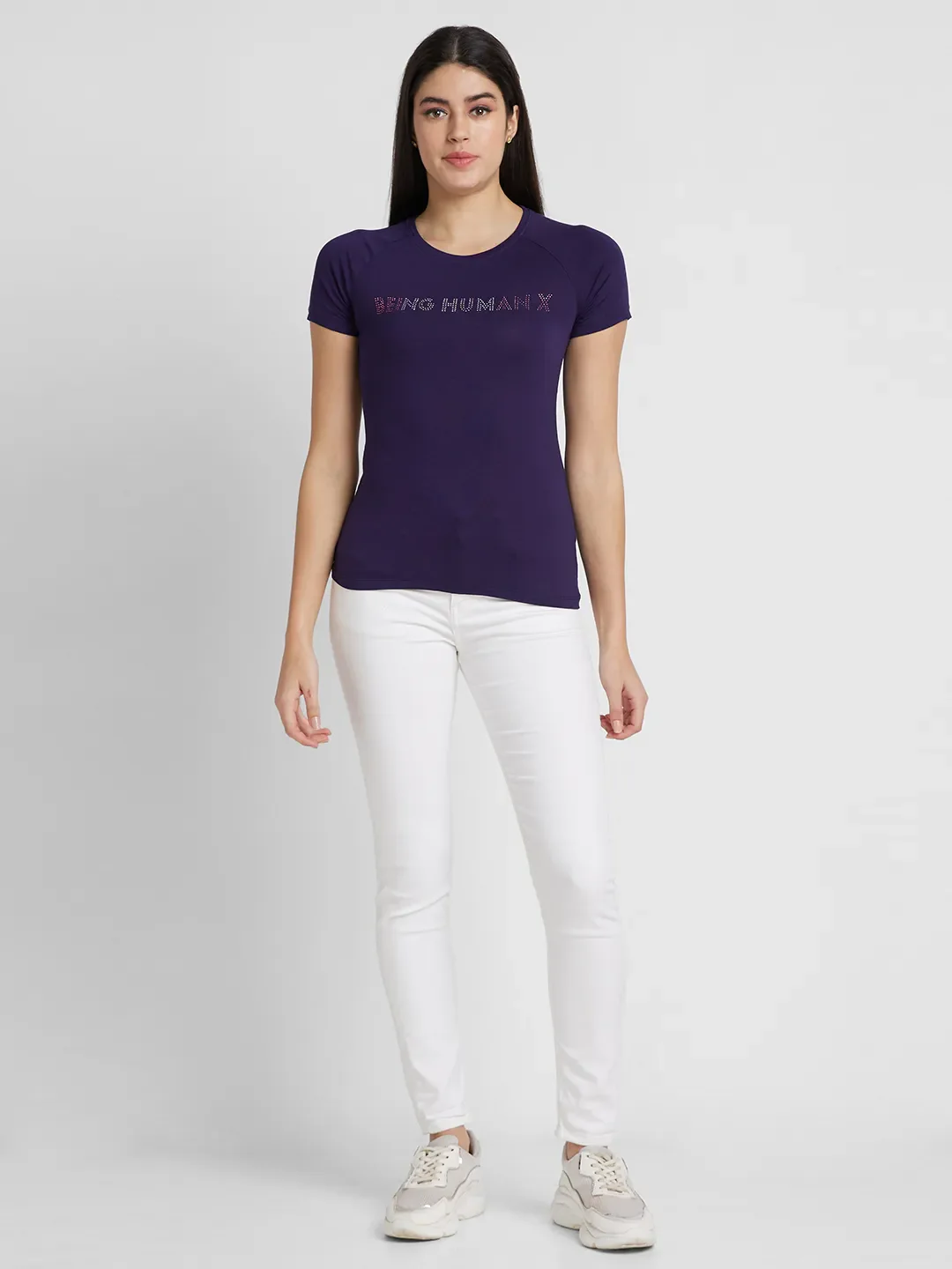 Blue Slim Fit Round Neck Raglan Sleeves Cotton Women's T-Shirt by Being Human Clothing - Image 2
