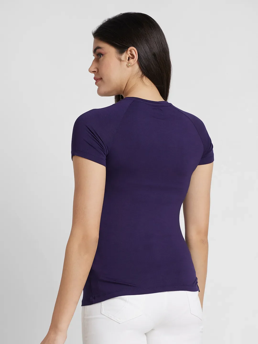 Blue Slim Fit Round Neck Raglan Sleeves Cotton Women's T-Shirt by Being Human Clothing - Image 3