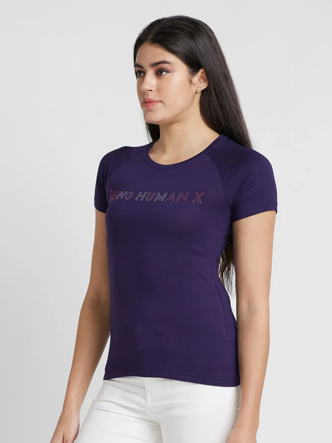 Blue Slim Fit Round Neck Raglan Sleeves Cotton Women's T-Shirt by Being Human Clothing - Image 4