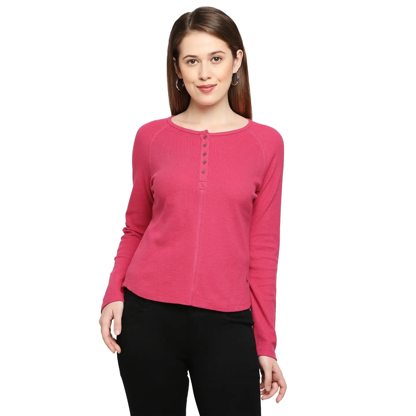 Red Slim Fit Round Neck Long Sleeves Cotton Women's T-Shirt by Being Human Clothing