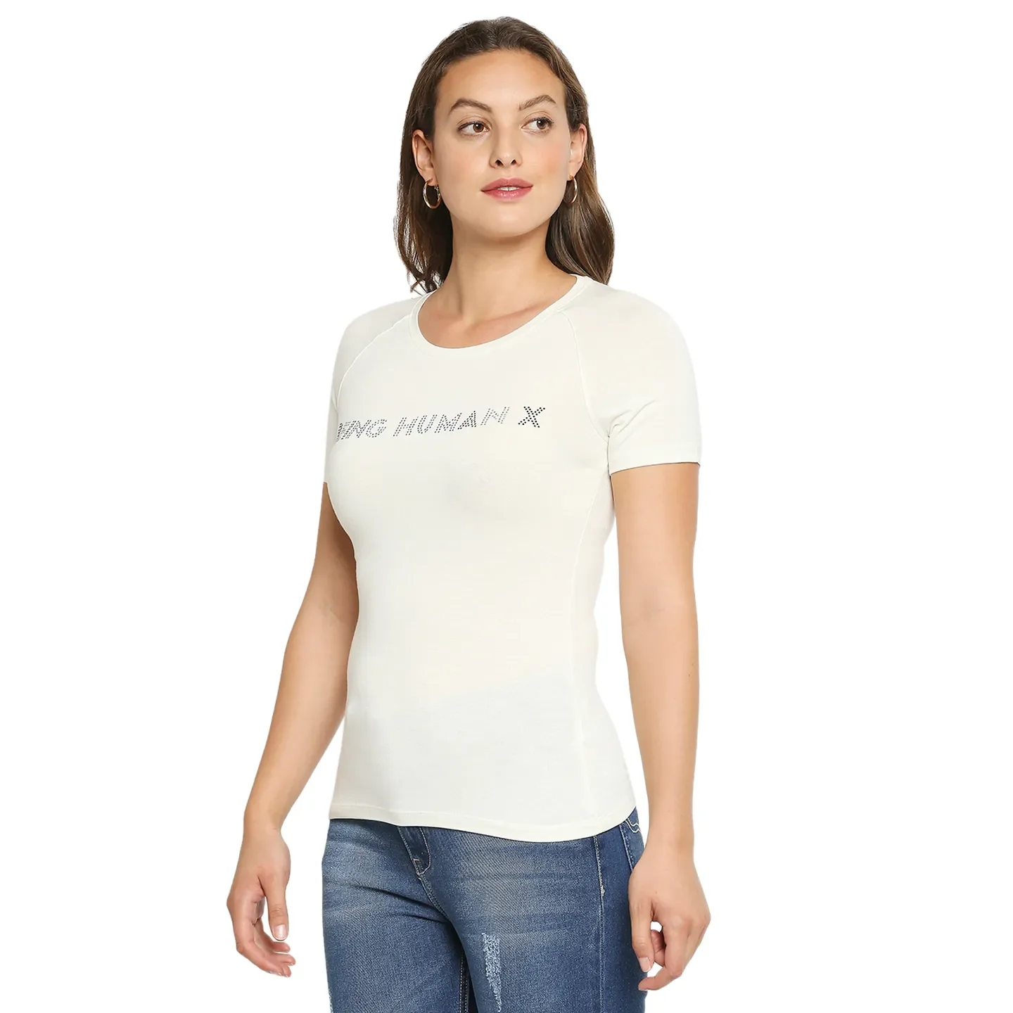 White Slim Fit Round Neck Raglan Sleeves Cotton Women's T-Shirt by Being Human Clothing - Image 4