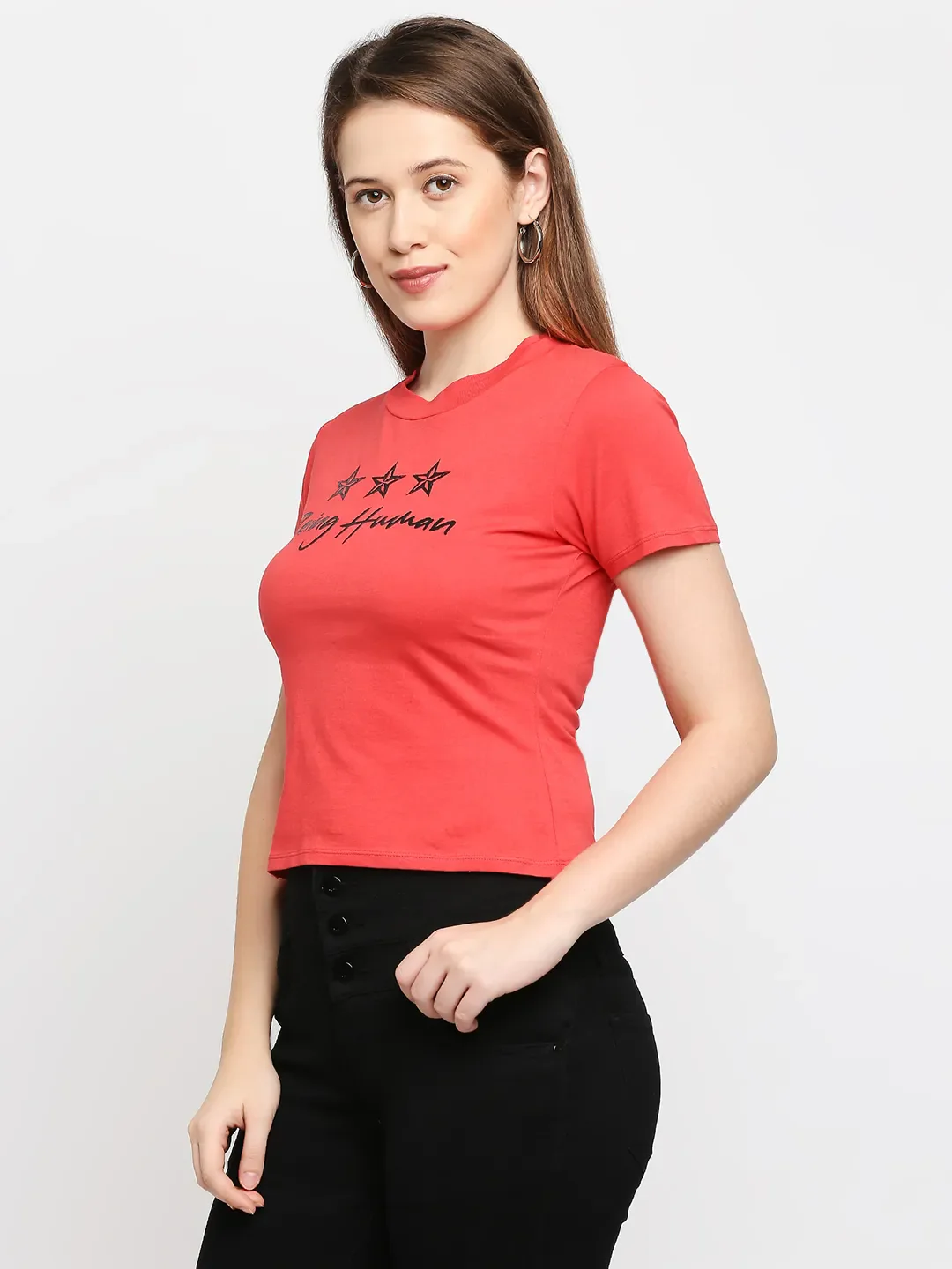 Red Slim Fit Women's Cotton Short Sleeve Cropped T-Shirt By Being Human Clothing - Image 2