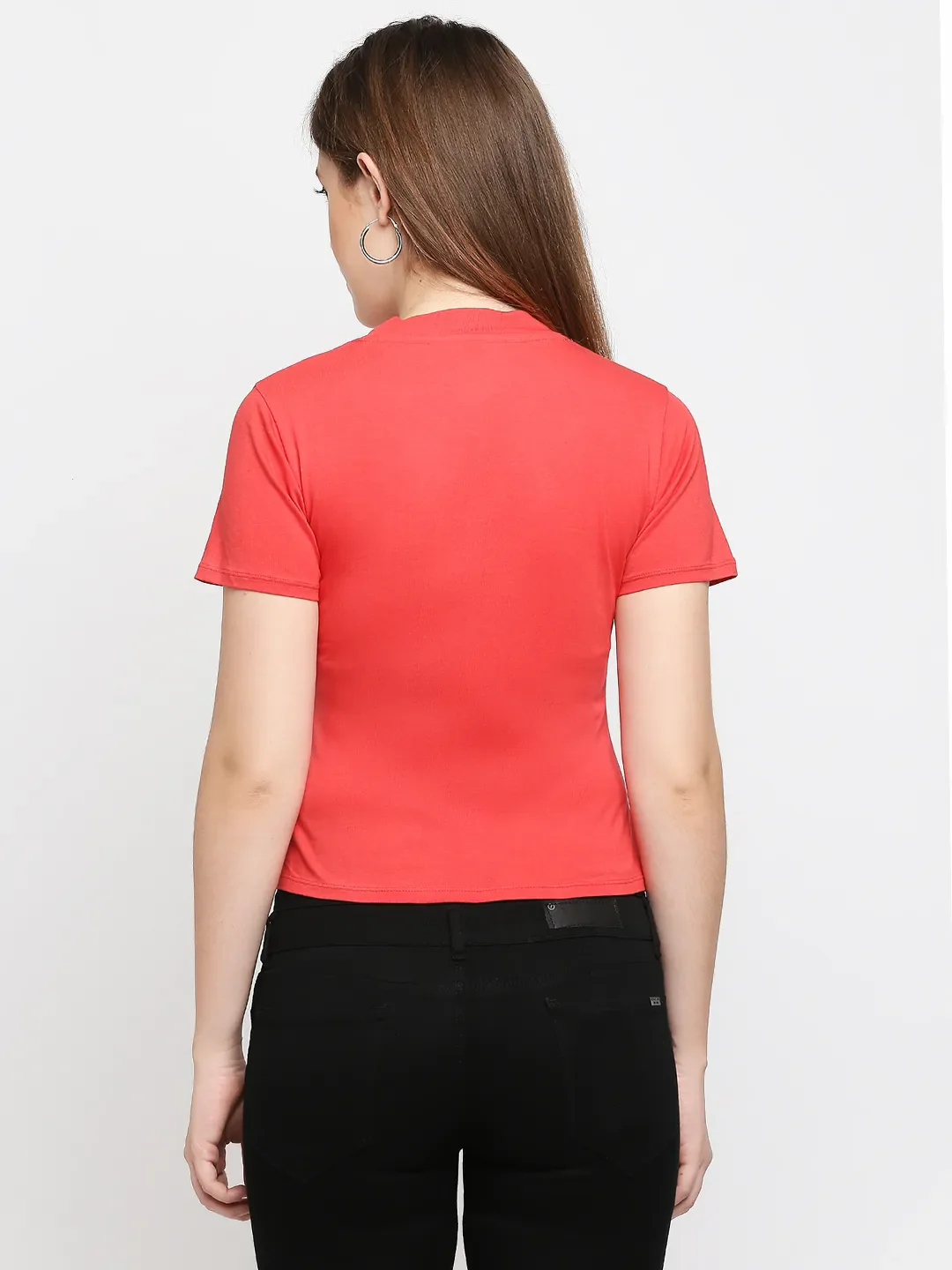 Red Slim Fit Women's Cotton Short Sleeve Cropped T-Shirt By Being Human Clothing - Image 4