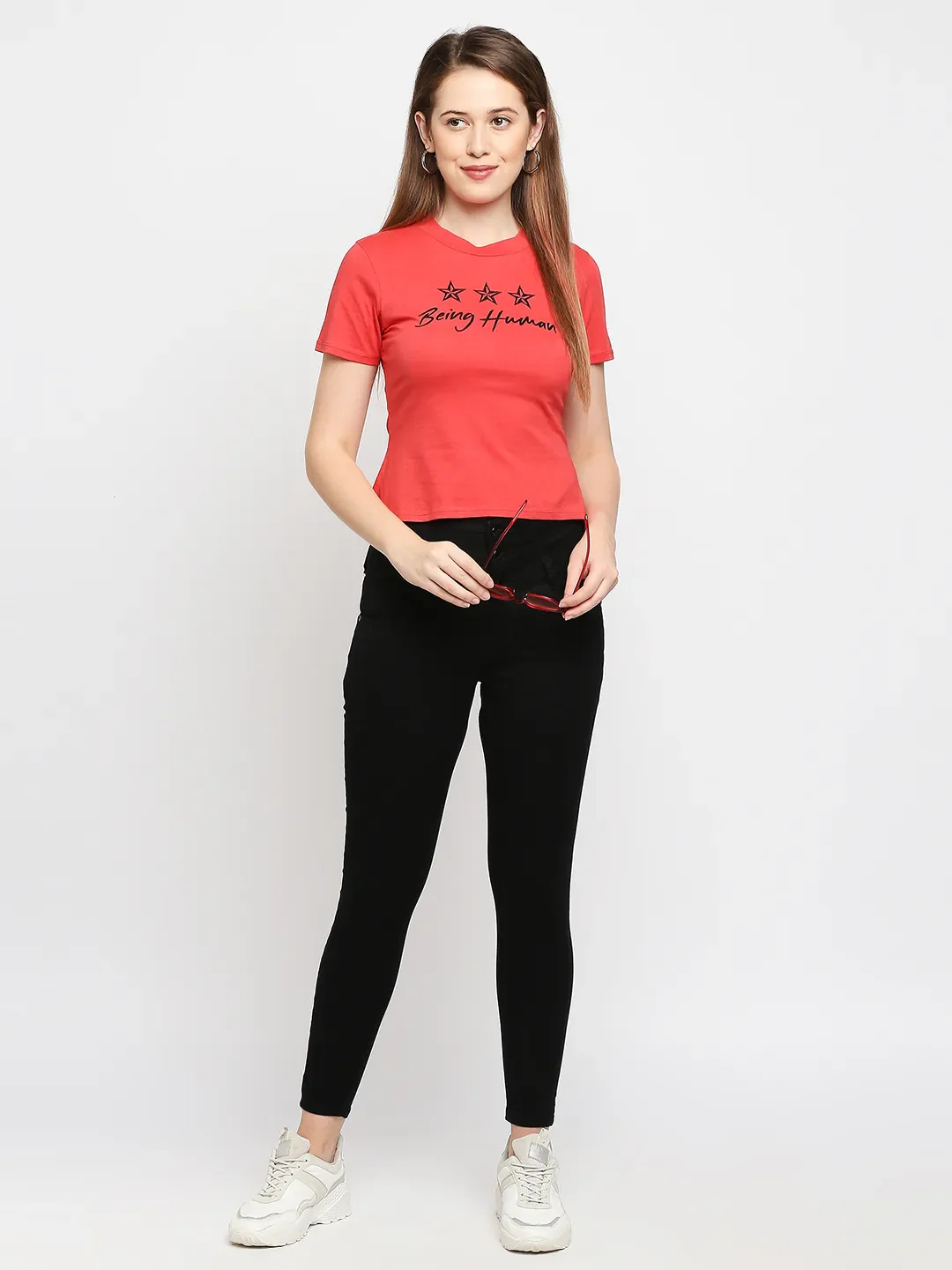 Red Slim Fit Women's Cotton Short Sleeve Cropped T-Shirt By Being Human Clothing - Image 6