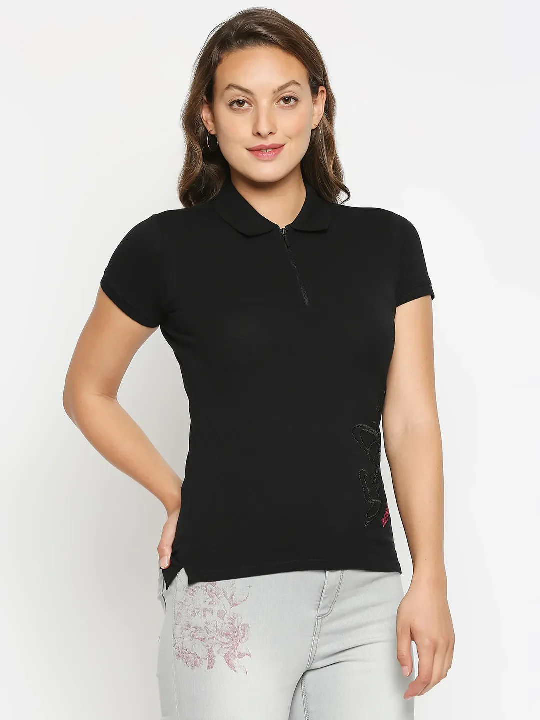 Black Slim Fit Polo Collar Short Sleeves Cotton Women's T-Shirt by Being Human Clothing