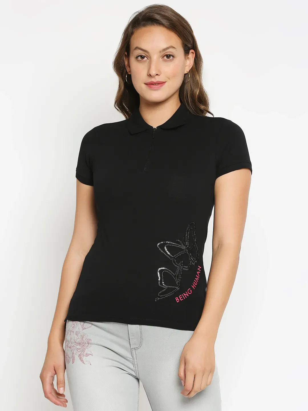 Black Slim Fit Polo Collar Short Sleeves Cotton Women's T-Shirt by Being Human Clothing - Image 6