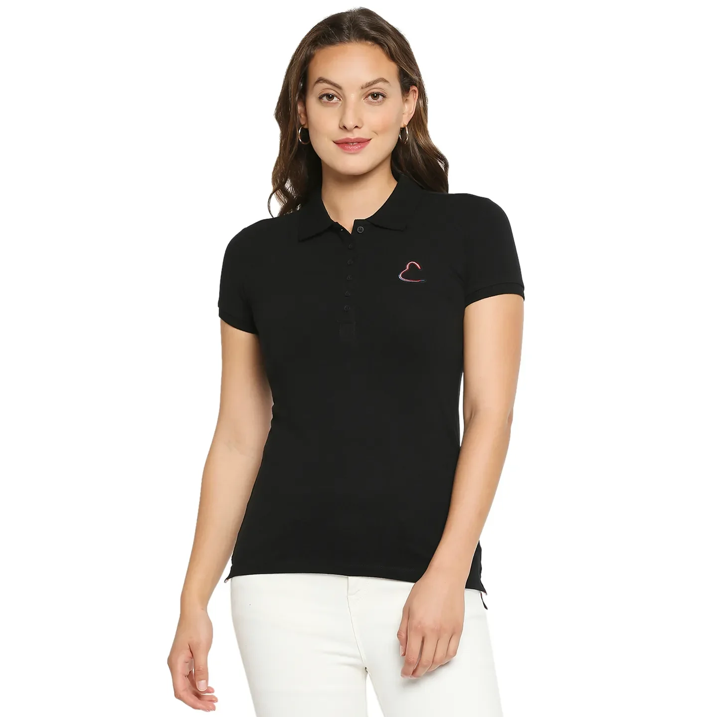 Black Slim Fit Polo Collar Short Sleeves Cotton Women's T-Shirt by Being Human Clothing