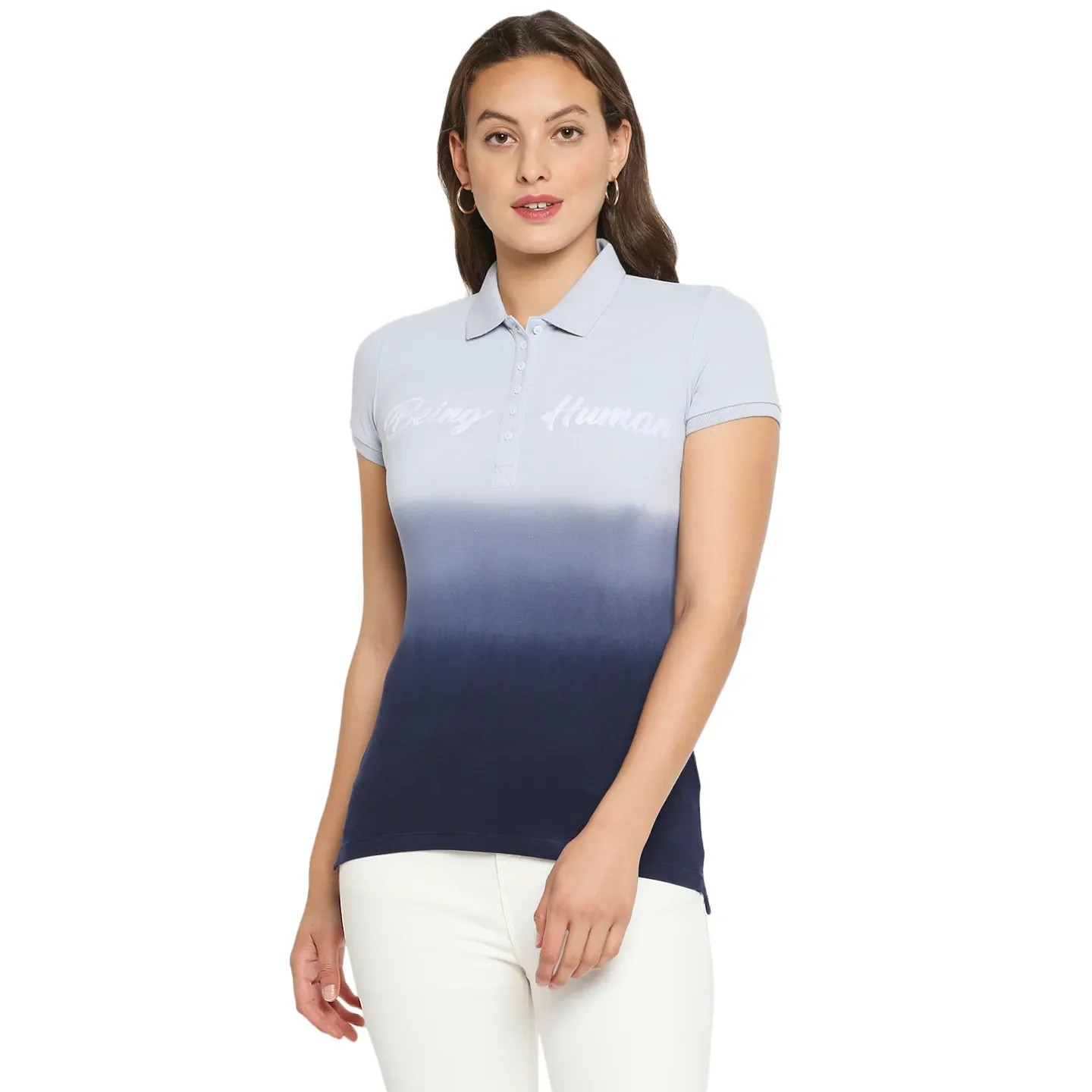 Grey Slim Fit Polo Collar Short Sleeves Cotton Women's T-Shirt by Being Human Clothing