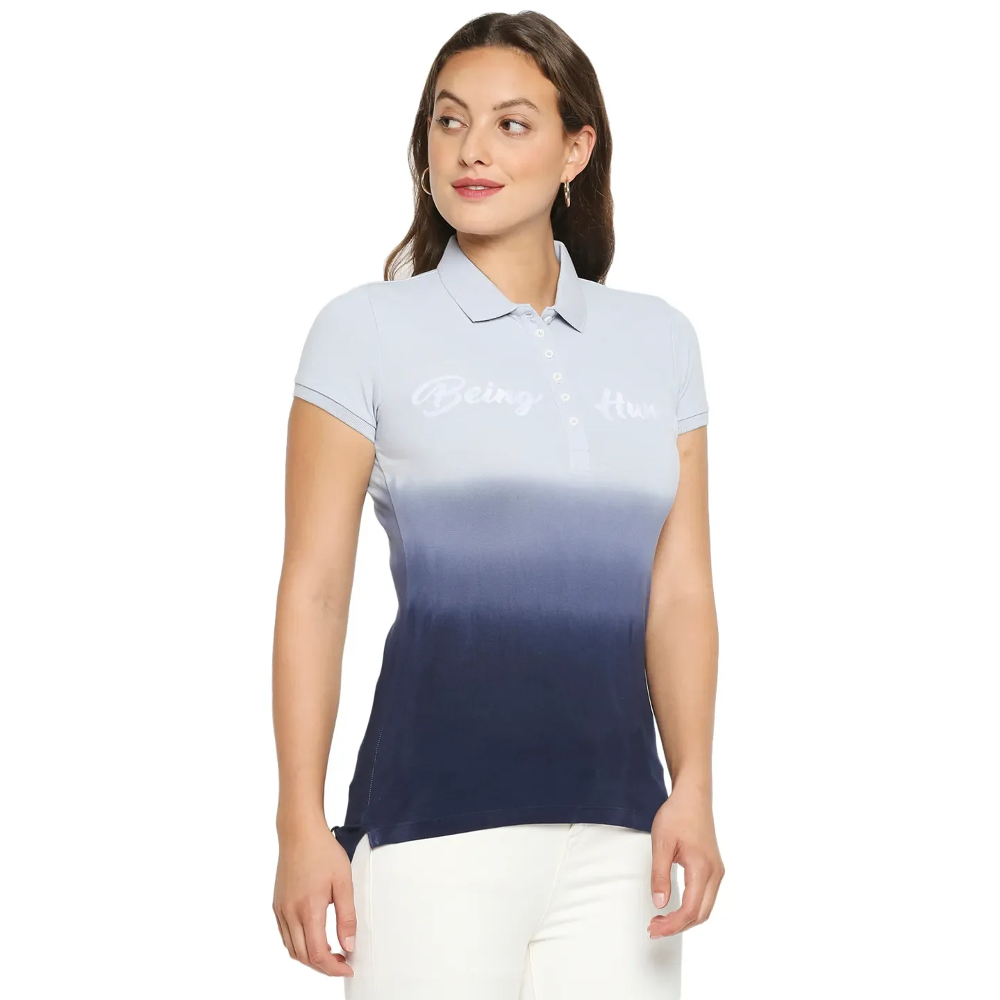 Grey Slim Fit Polo Collar Short Sleeves Cotton Women's T-Shirt by Being Human Clothing - Image 4