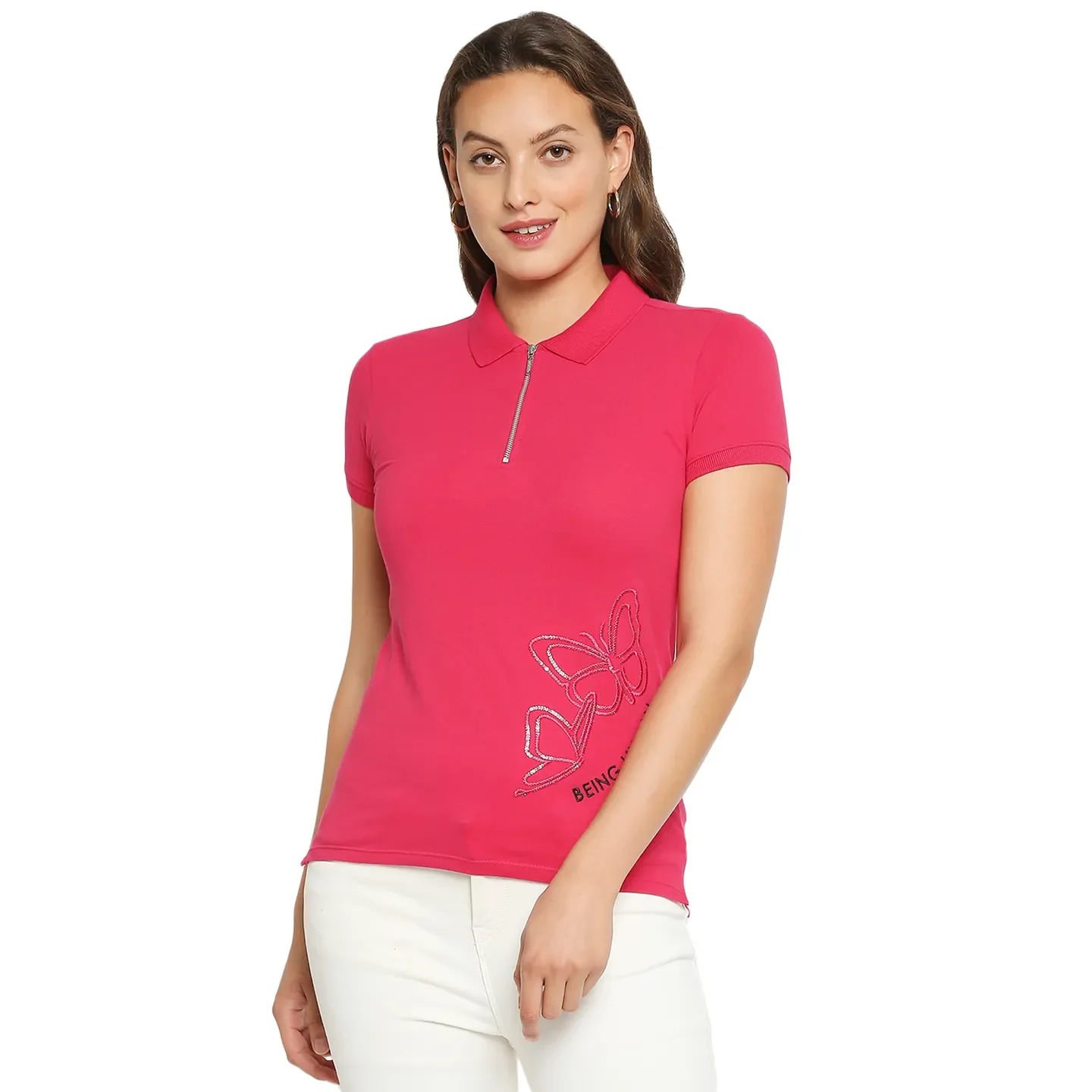 Pink Slim Fit Polo Collar Short Sleeves Cotton Women's T-Shirt by Being Human Clothing