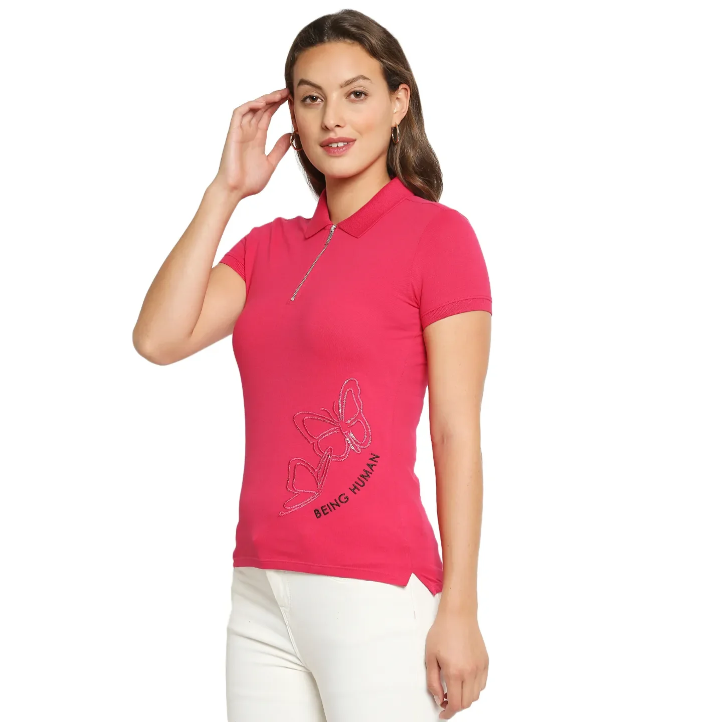 Pink Slim Fit Polo Collar Short Sleeves Cotton Women's T-Shirt by Being Human Clothing - Image 3