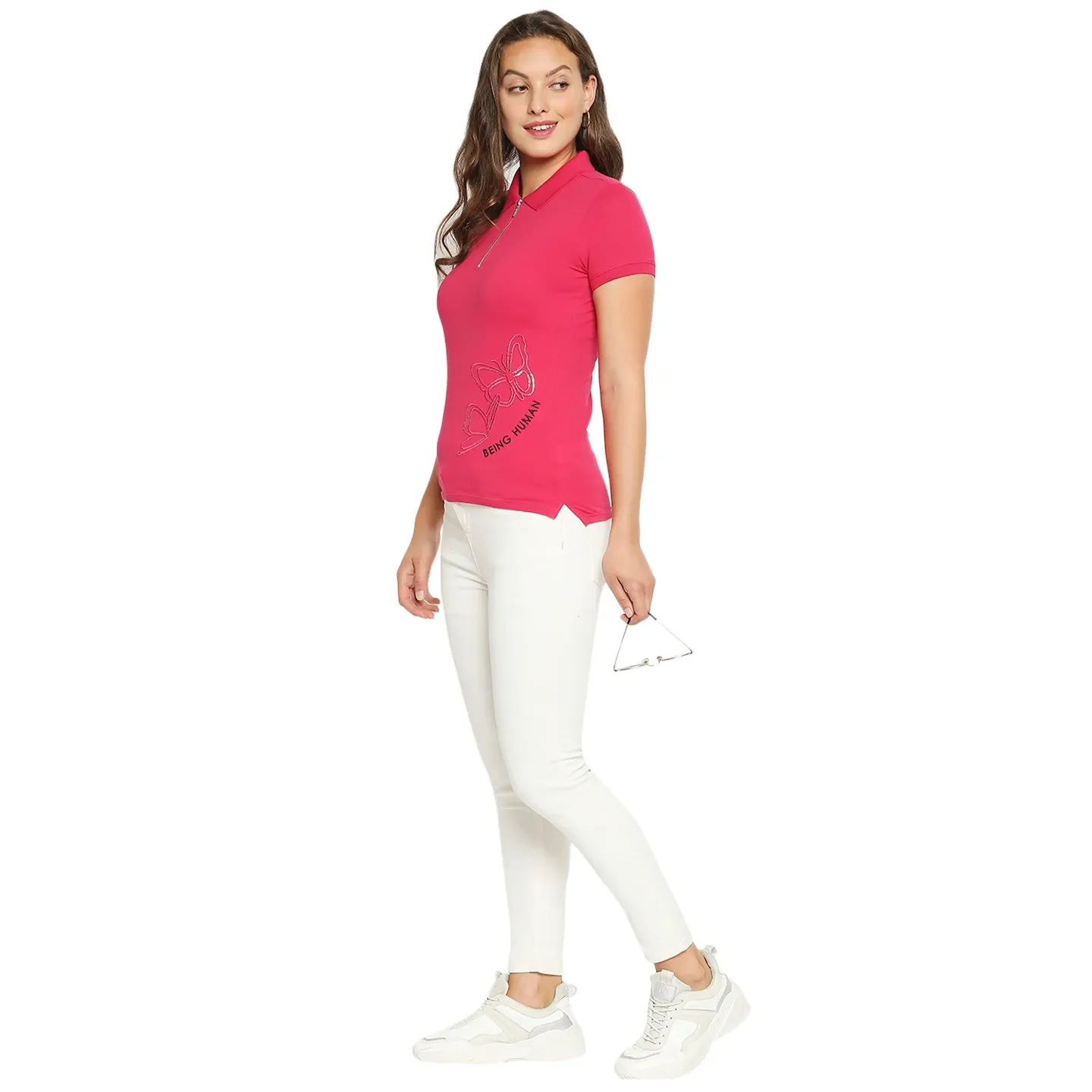 Pink Slim Fit Polo Collar Short Sleeves Cotton Women's T-Shirt by Being Human Clothing - Image 4