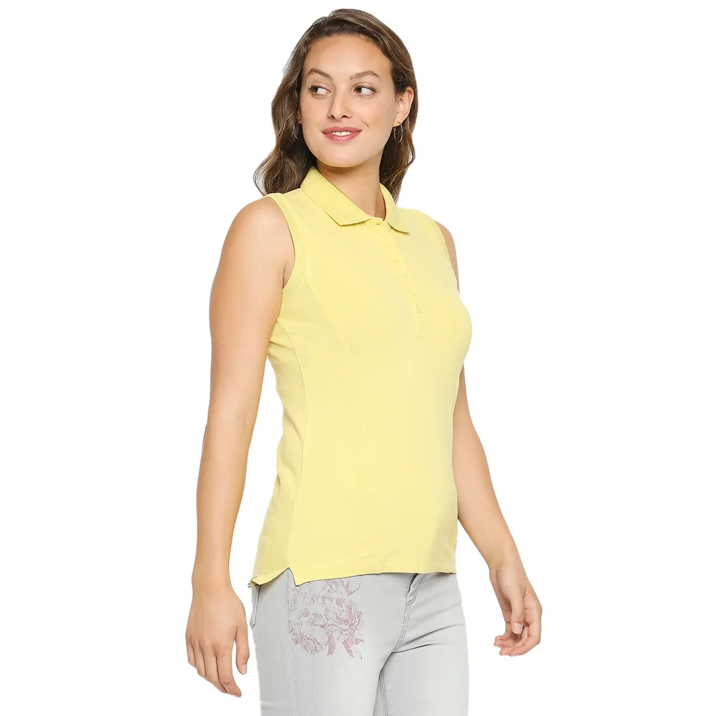 Yellow Slim Fit Polo Collar Sleevesles Cotton Women's T-Shirt by Being Human Clothing - Image 6
