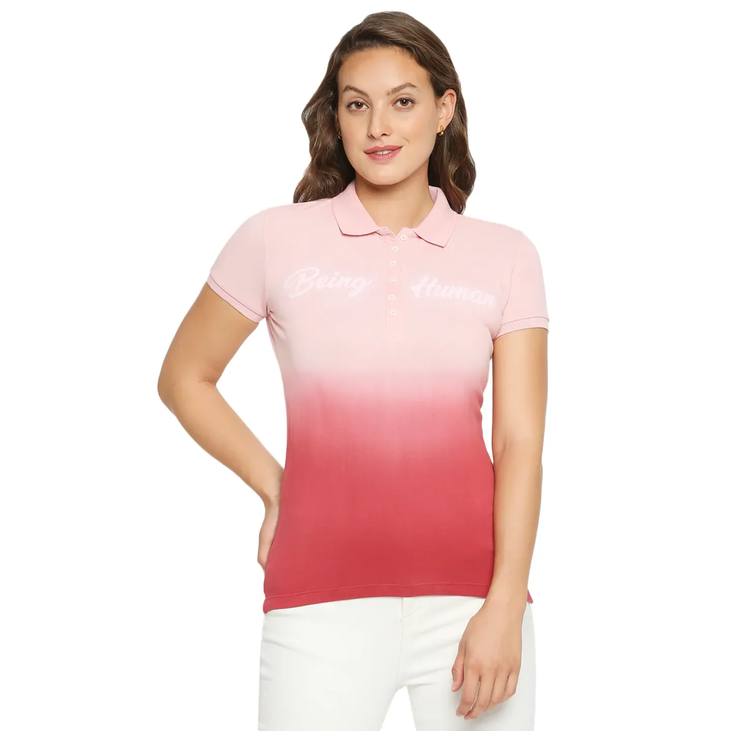 Pink Slim Fit Polo Collar Short Sleeves Cotton Women's T-Shirt by Being Human Clothing
