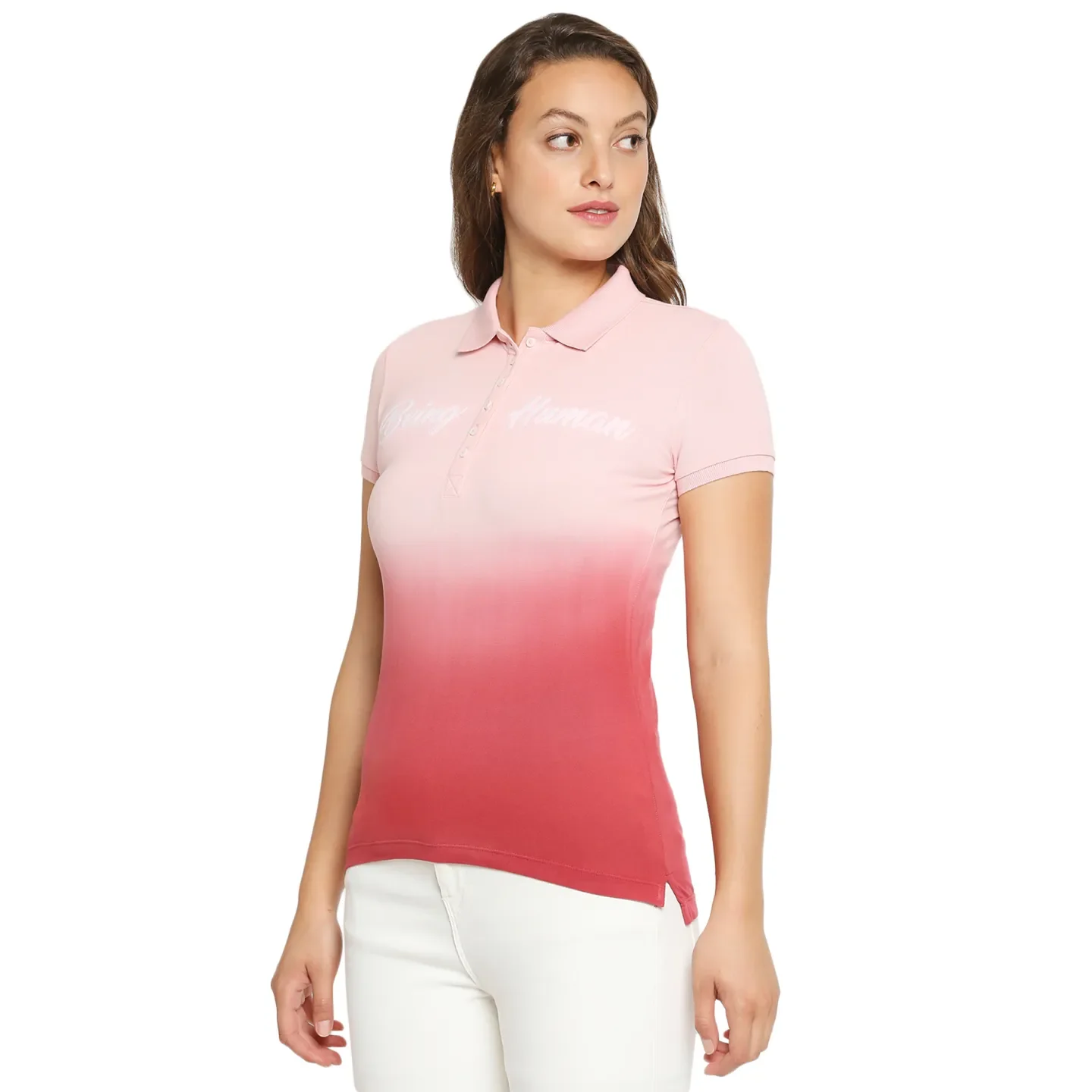 Pink Slim Fit Polo Collar Short Sleeves Cotton Women's T-Shirt by Being Human Clothing - Image 2