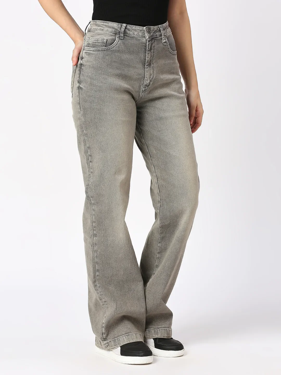 Grey Wide Flare Leg High Rise Women's Denim By Being Human Clothing - Image 3
