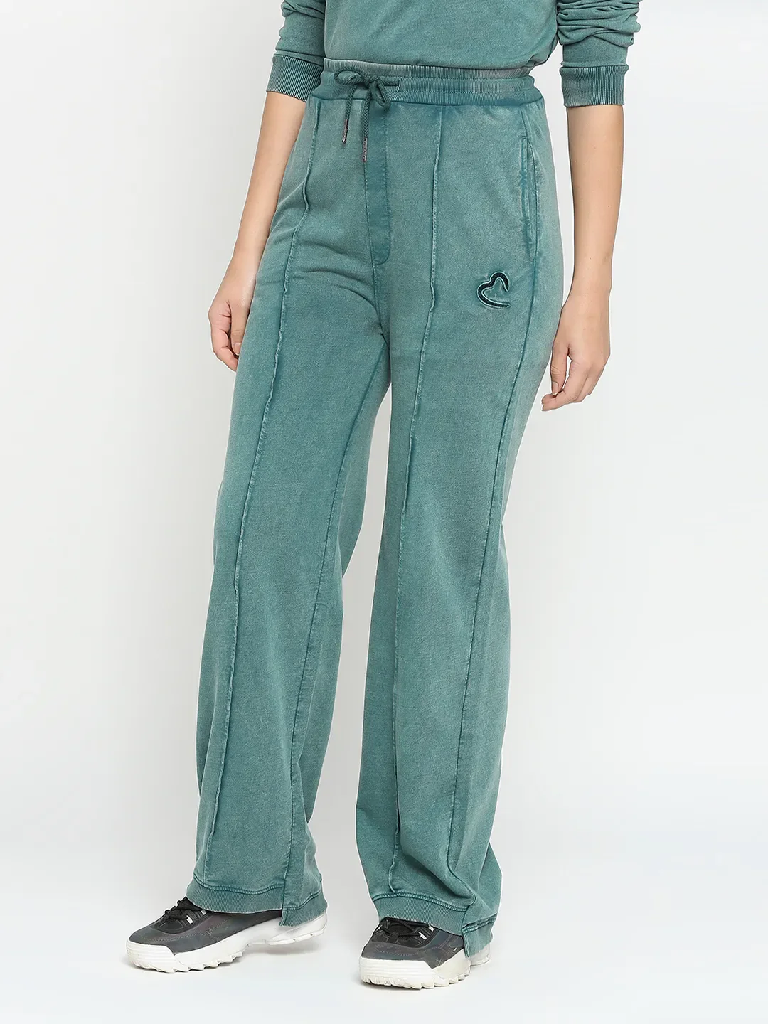 Green Wide Leg Fit Women's Cotton Track Pants By Being Human Clothing - Image 3