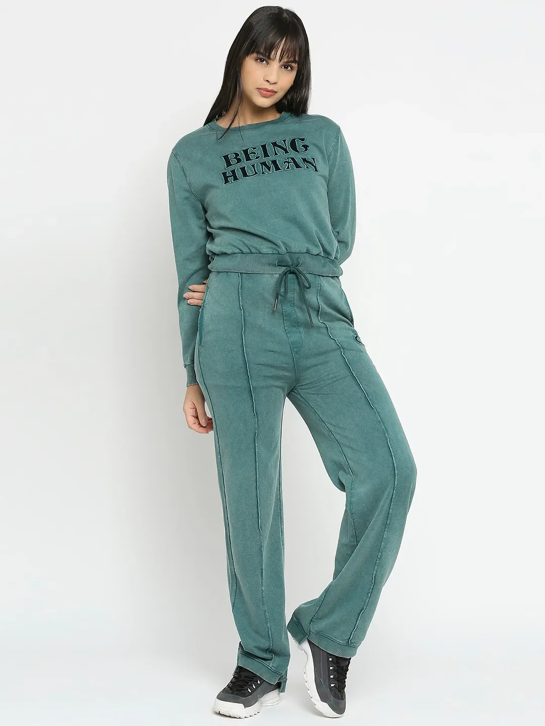 Green Wide Leg Fit Women's Cotton Track Pants By Being Human Clothing - Image 6