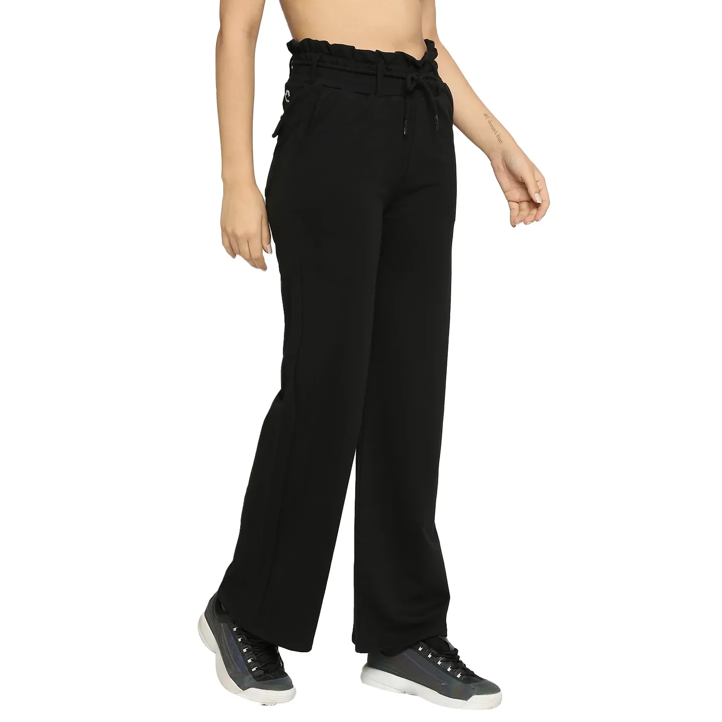Black Wide Leg Fit Women's Cotton Track Pants By Being Human Clothing - Image 3
