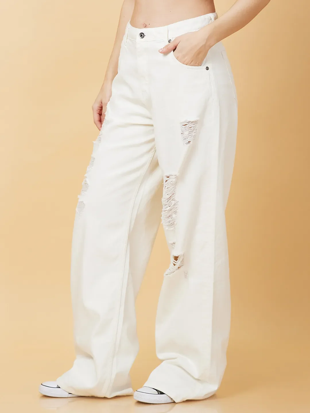 White Wide Leg Fit Women's Denim By Being Human Clothing - Image 4