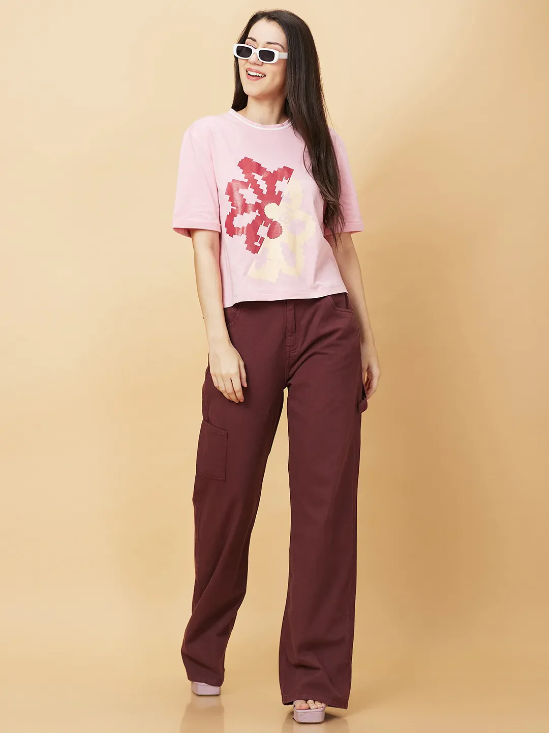 Maroon Wide Leg Cargo Fit Women's Denims By Being Human Clothing - Image 6