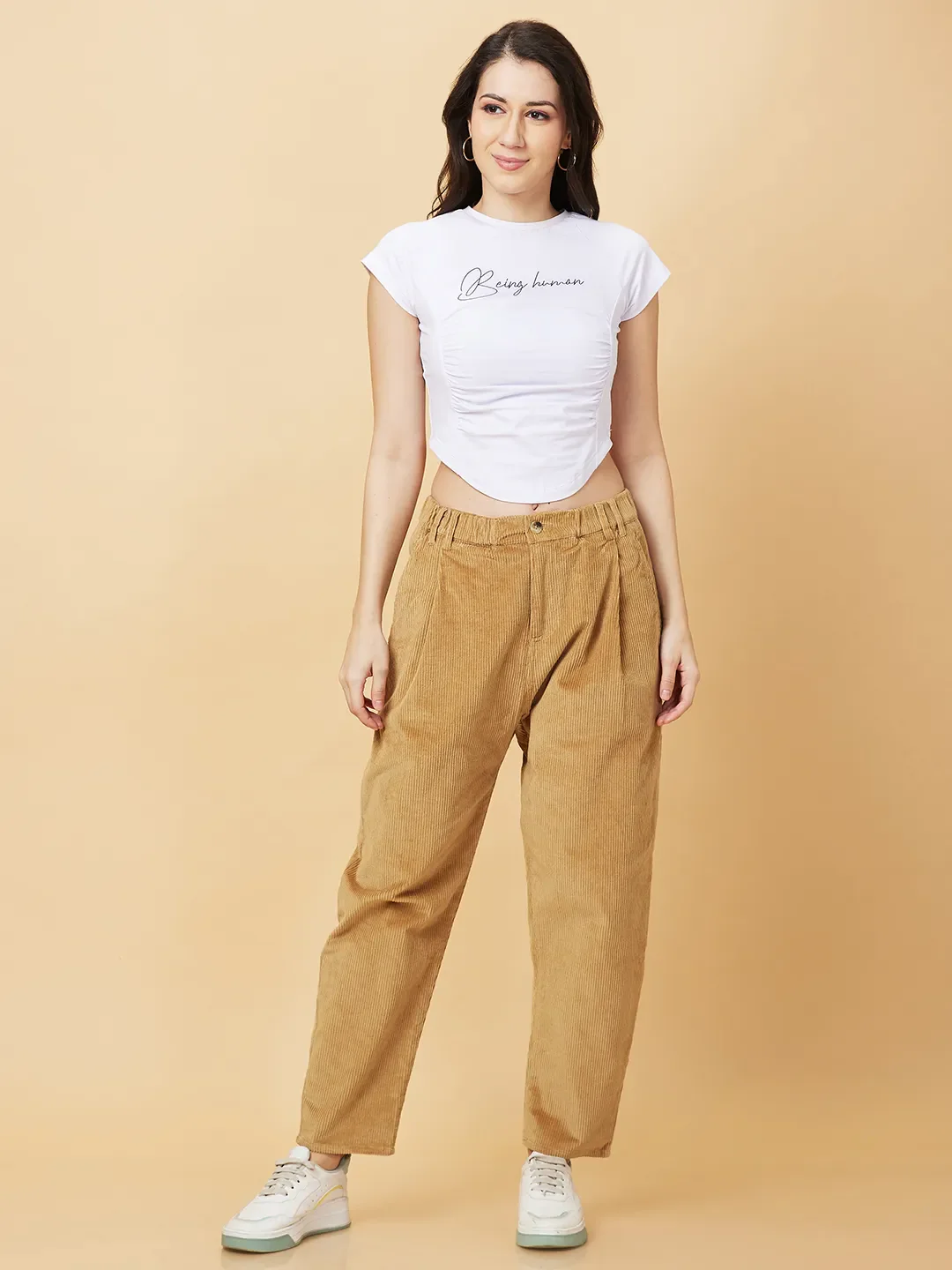 Beige Easy Fit Women's Cotton Track Pants By Being Human Clothing - Image 2