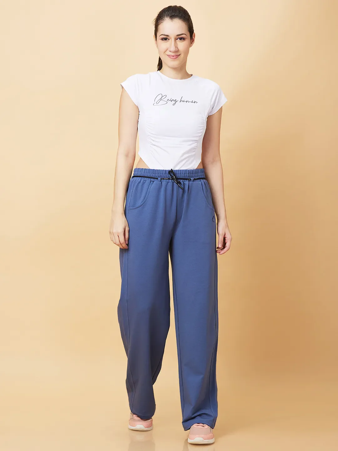 Pale Blue Easy Fit Women's Cotton Blend Track Pants By Being Human Clothing - Image 2