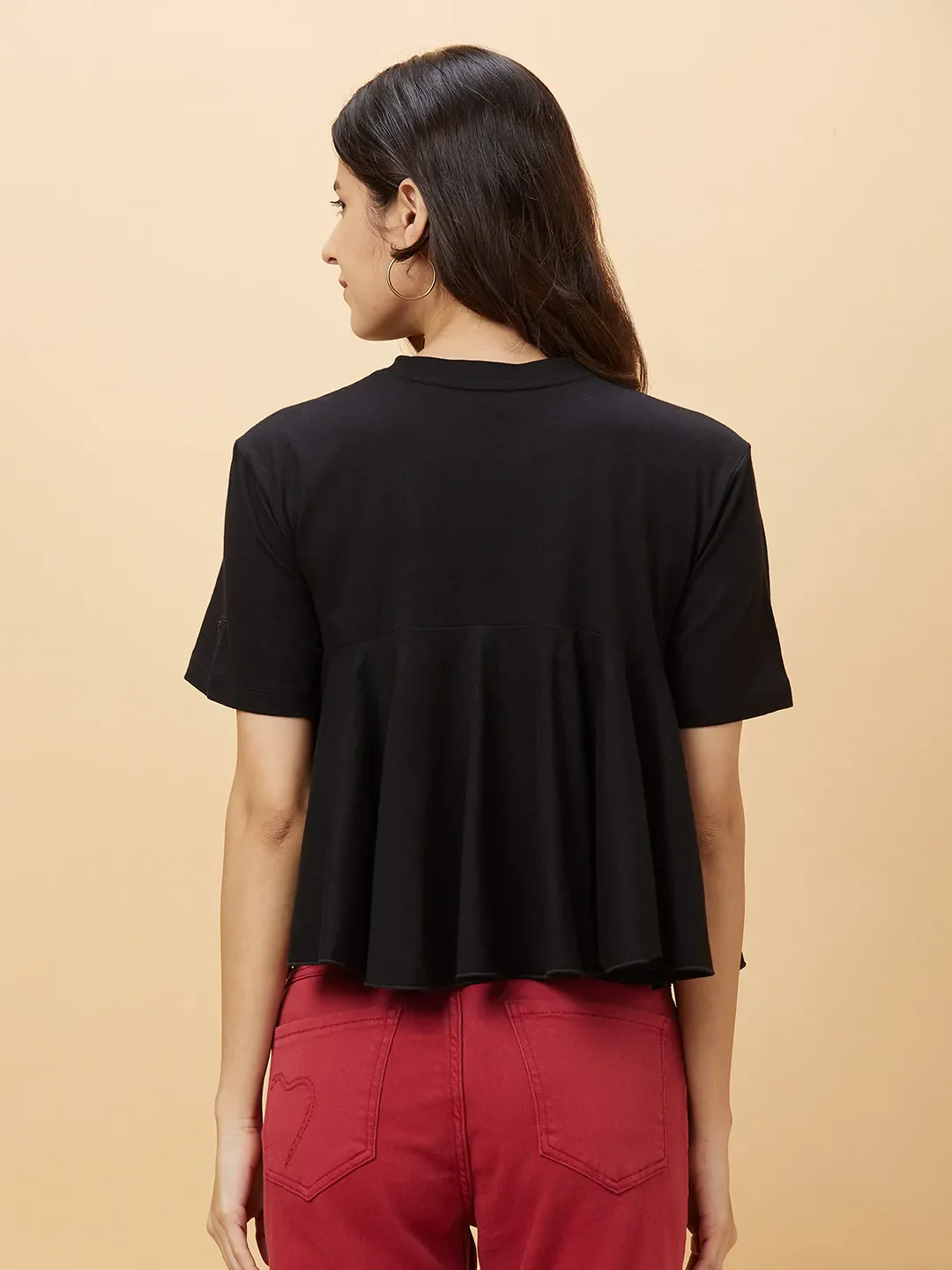 Black Flared Women's Cotton Short Sleeve Cropped T-Shirt By Being Human Clothing - Image 3