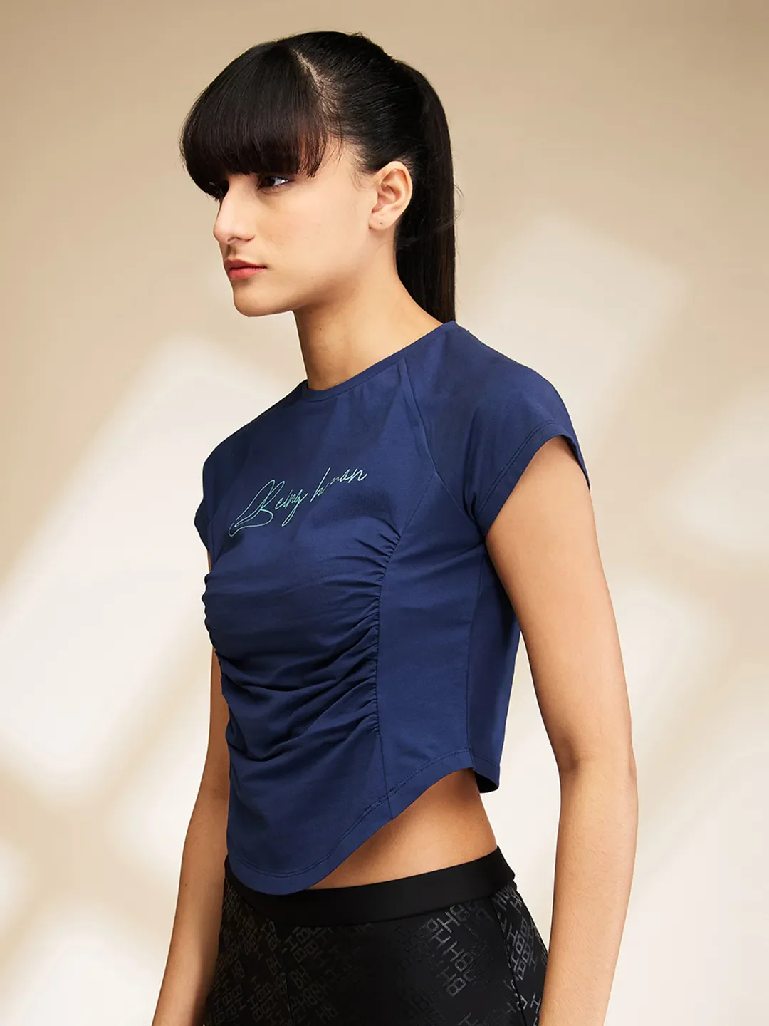 Blue Slim Fit Women's Short Sleeve Cropped T-Shirt By Being Human Clothing - Image 4