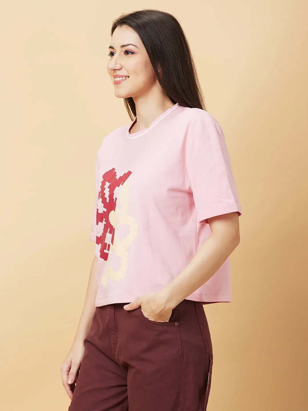 Pink Boxy Fit Women's Cotton T-Shirt By Being Human Clothing - Image 4