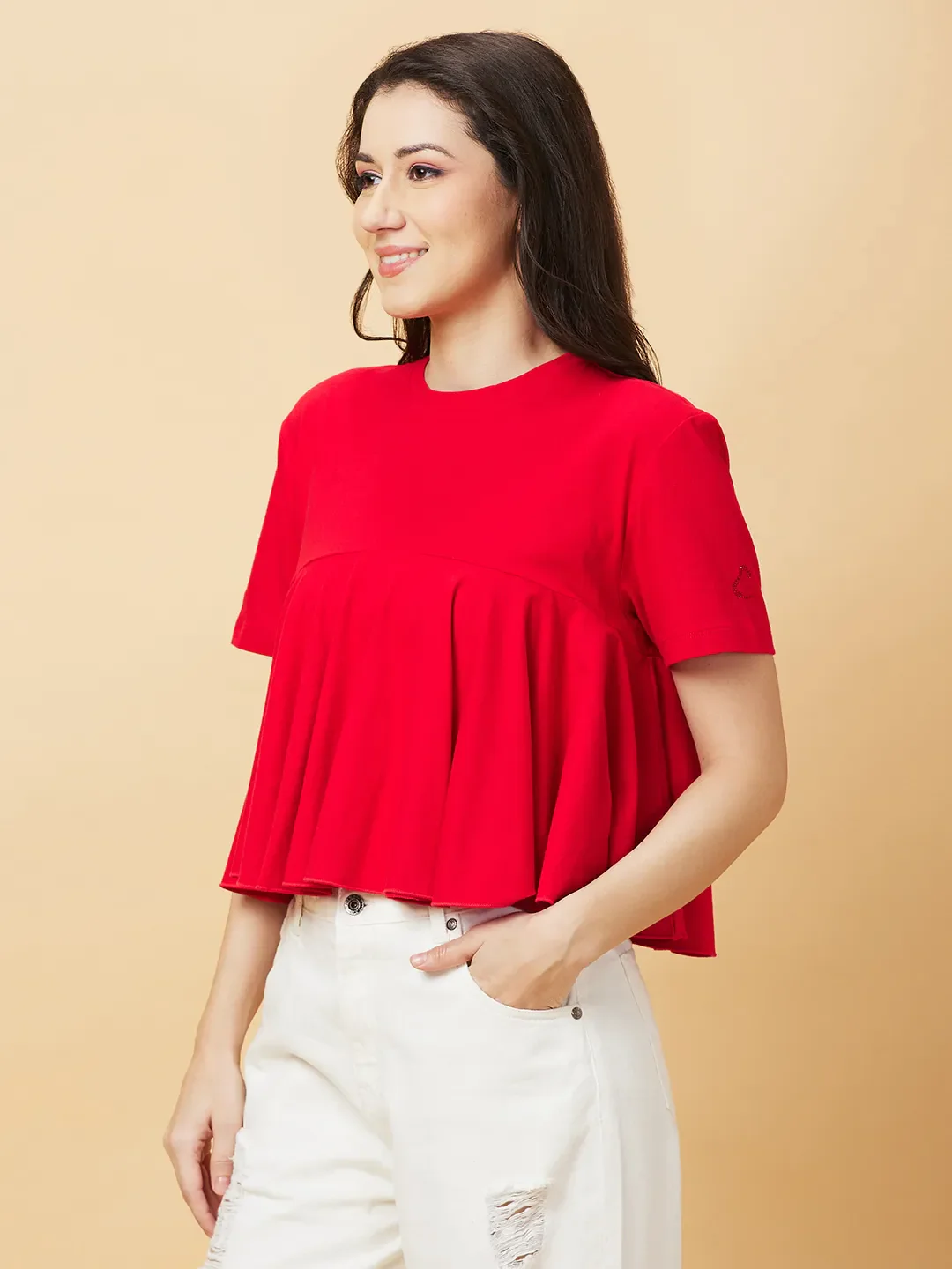 Red Flared Women's Cotton Short Sleeve Cropped T-Shirt By Being Human Clothing - Image 4