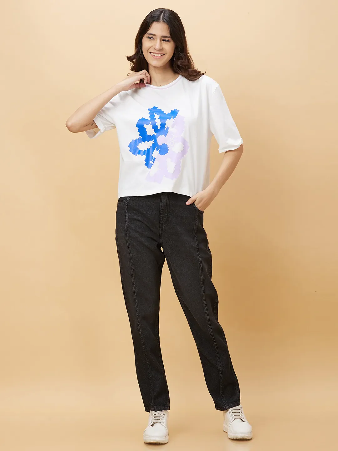 White Boxy Fit Women's Cotton T-Shirt By Being Human Clothing - Image 2
