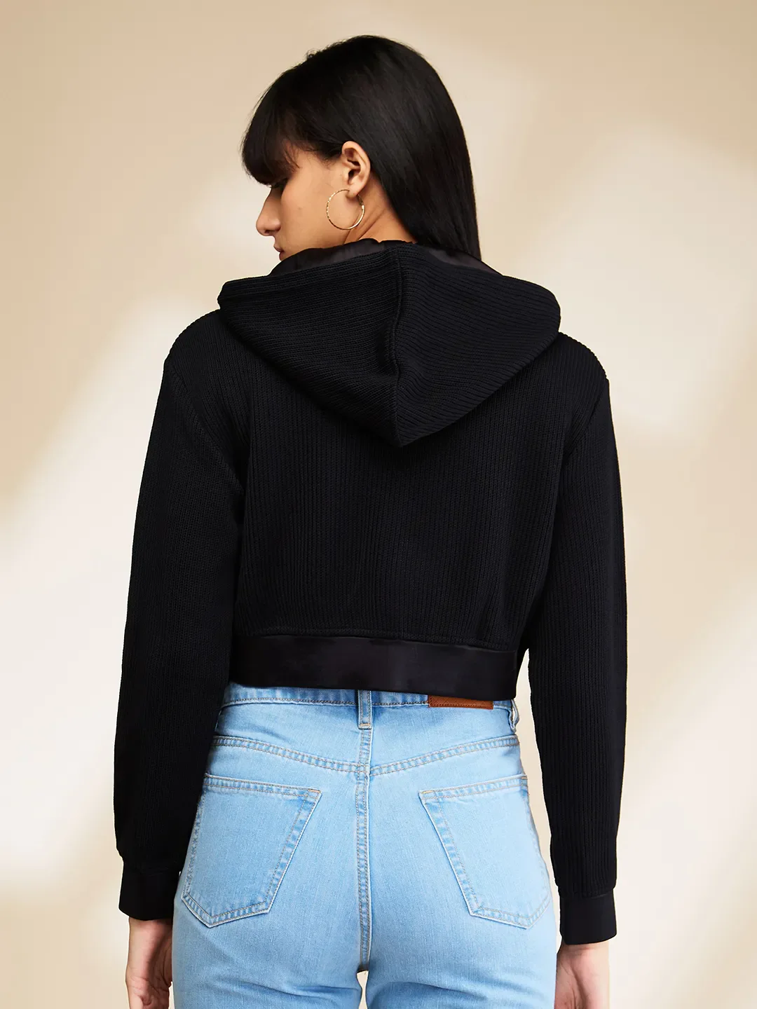 Black Boxy Fit Women's Long Sleeve Cropped Hoodie By Being Human Clothing - Image 3