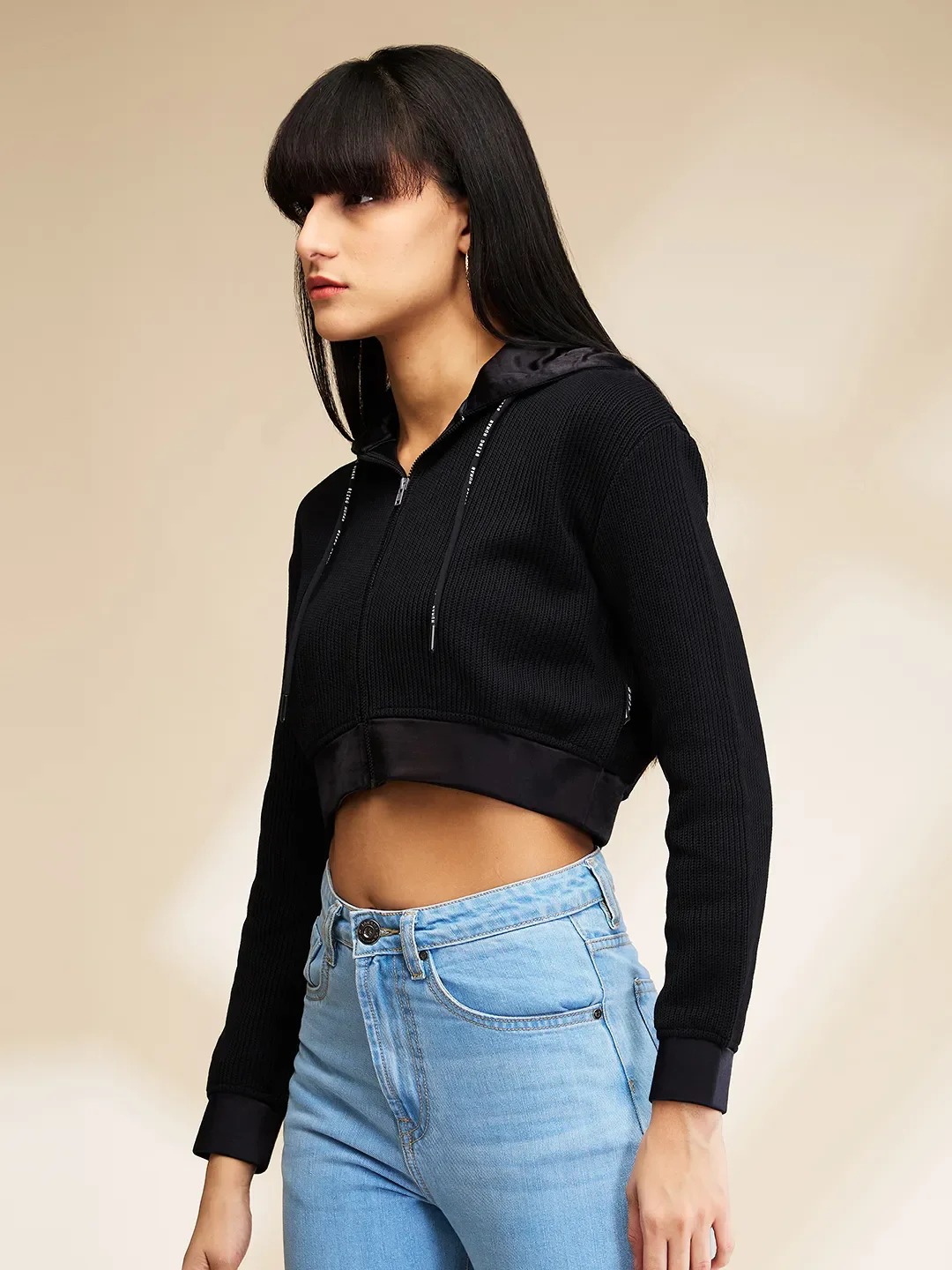 Black Boxy Fit Women's Long Sleeve Cropped Hoodie By Being Human Clothing - Image 4
