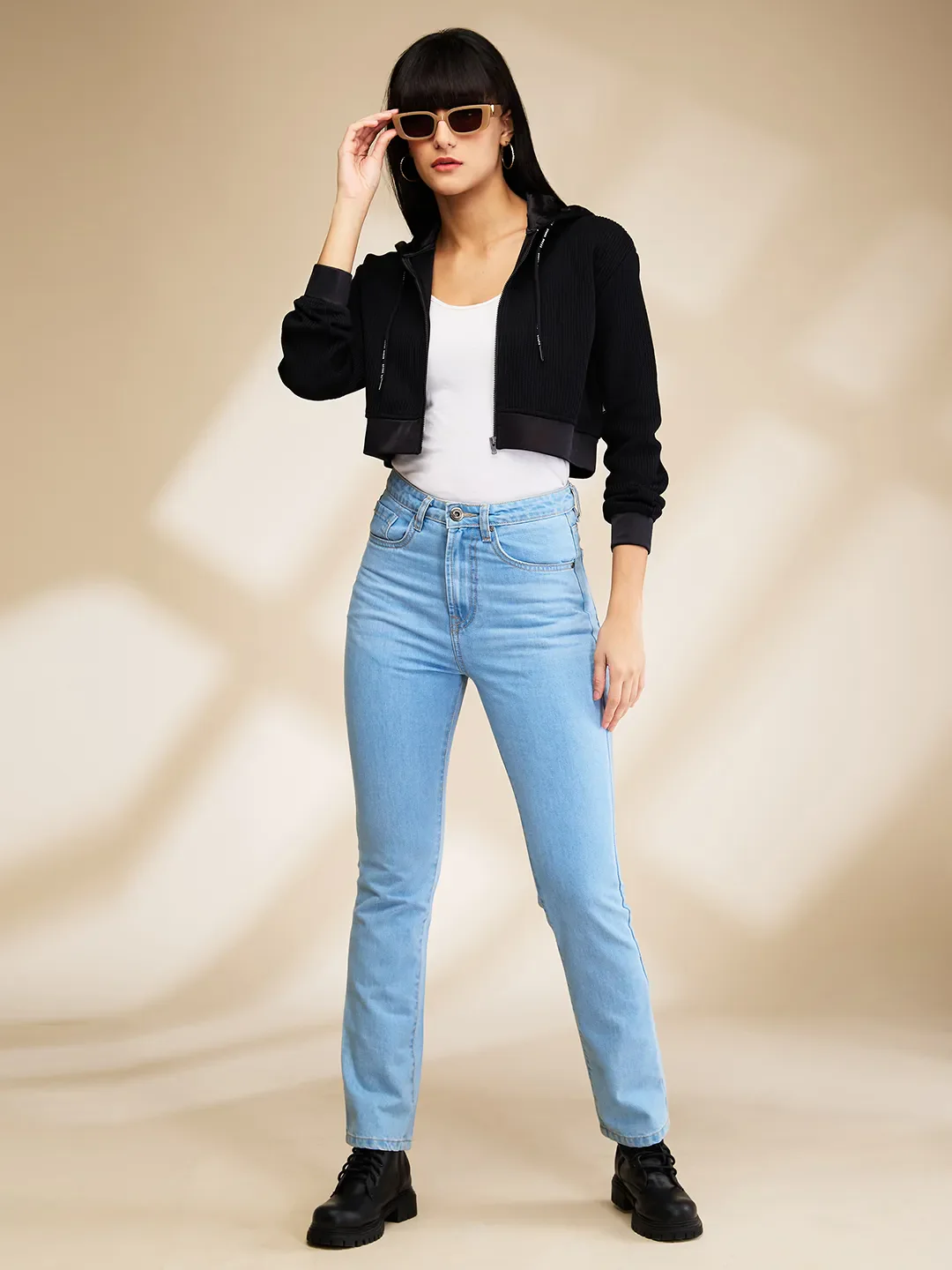 Black Boxy Fit Women's Long Sleeve Cropped Hoodie By Being Human Clothing - Image 6