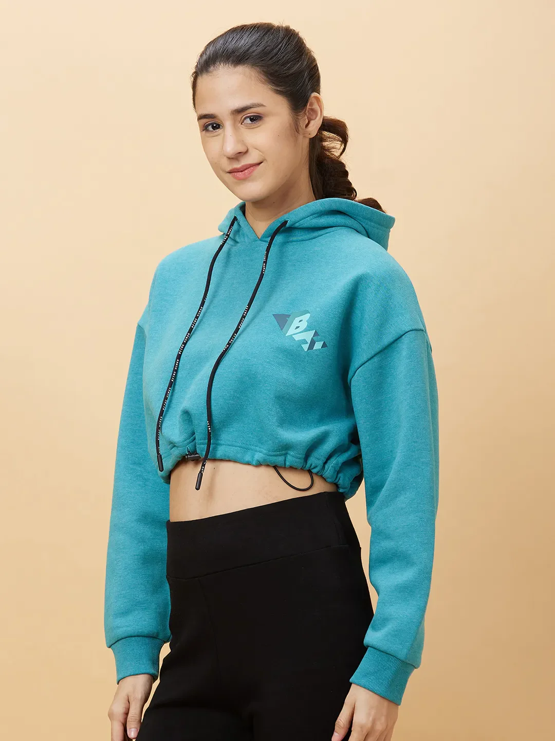 Blue Boxy Fit Long Sleeve Women's Cropped Hoodie By Being Human Clothing - Image 4