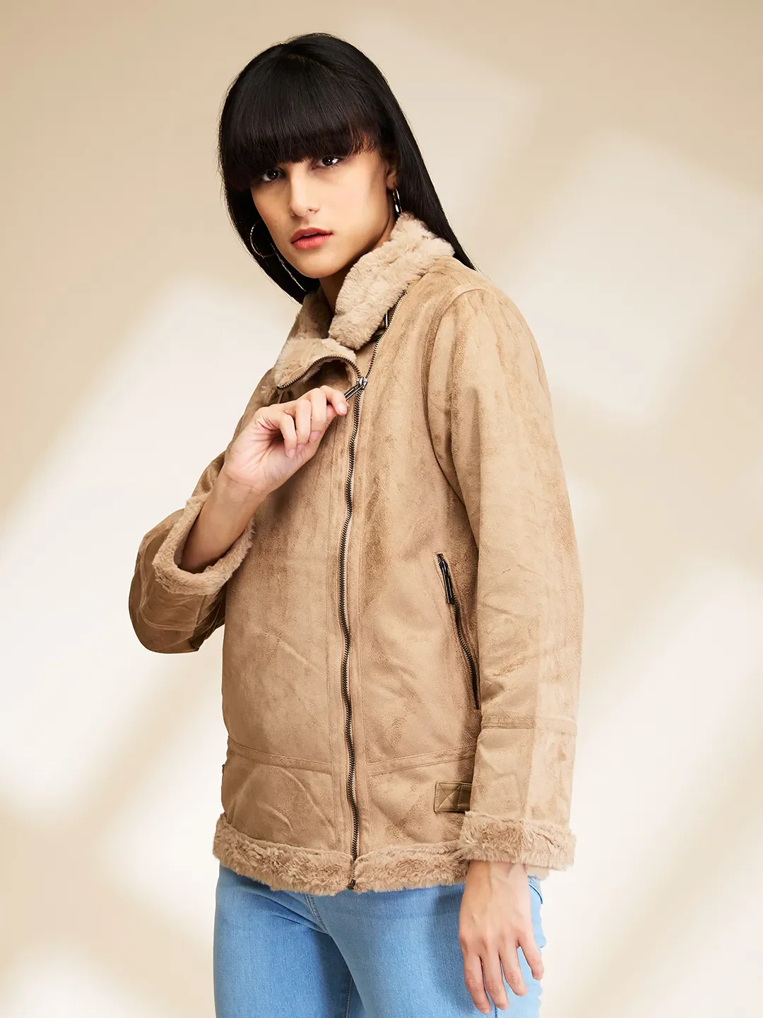 Light Brown Easy Fit Long Sleeve Women's Jacket By Being Human Clothing - Image 4