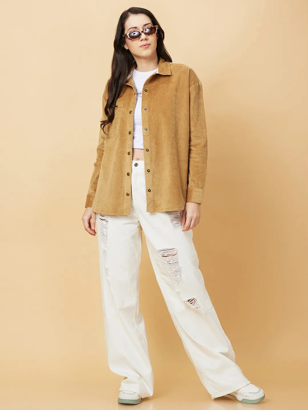 Beige Loose Fit Women's Cotton Shirts By Being Human Clothing - Image 6