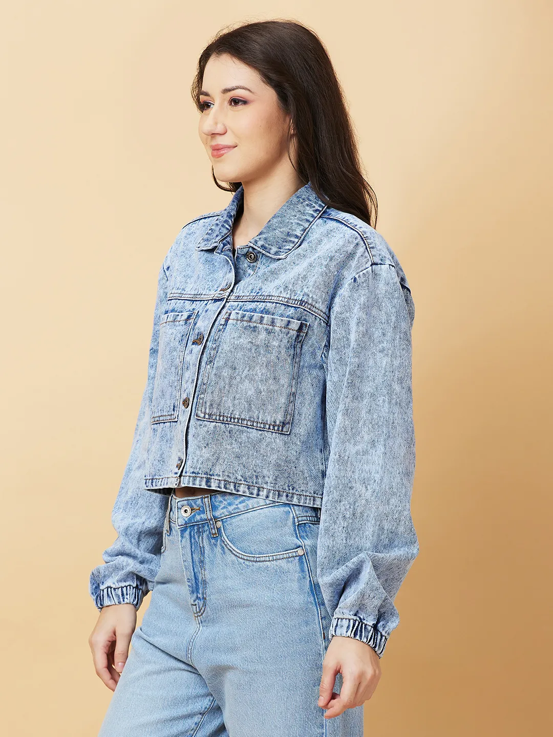 Grey Boxy Fit Women's Long Sleeve Denim Jacket By Being Human Clothing - Image 4