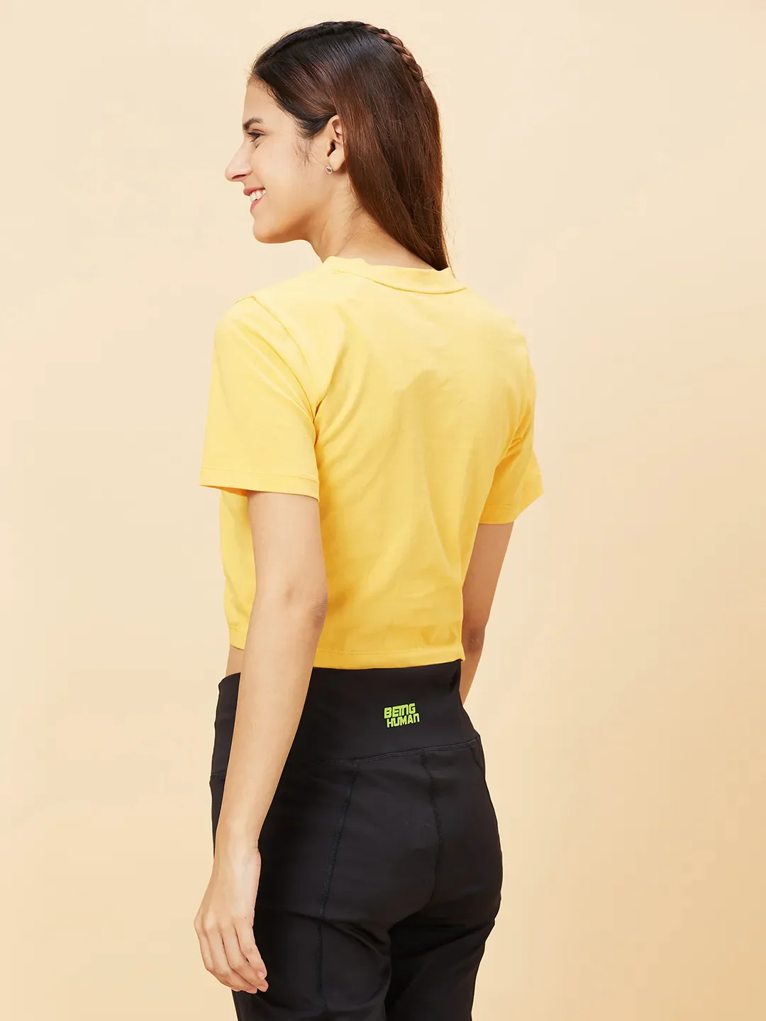 Yellow Slim Fit Women's Cotton Cropped T-Shirt By Being Human Clothing - Image 4