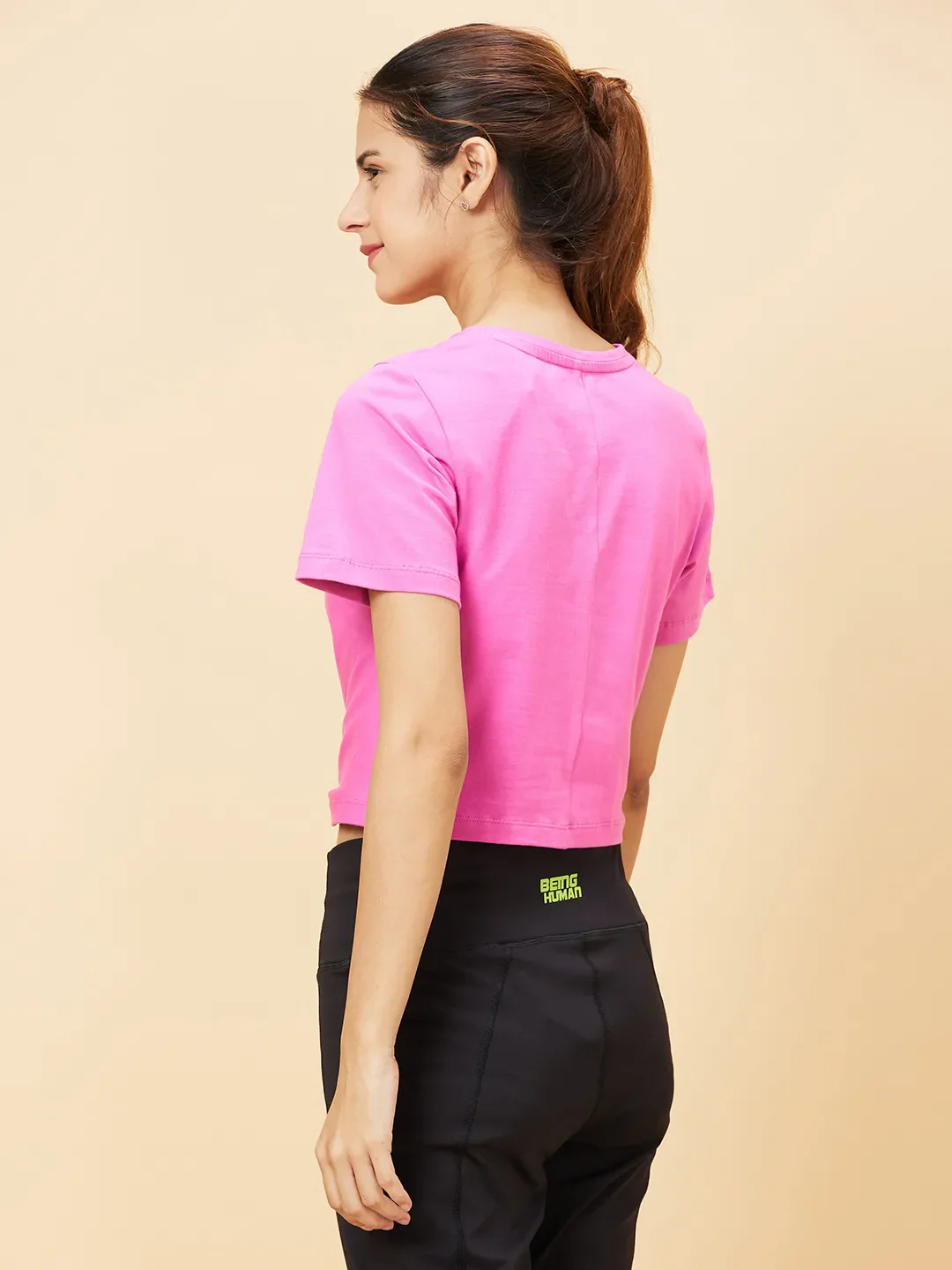 Pink Slim Fit Women's Cotton Cropped T-Shirt By Being Human Clothing - Image 4