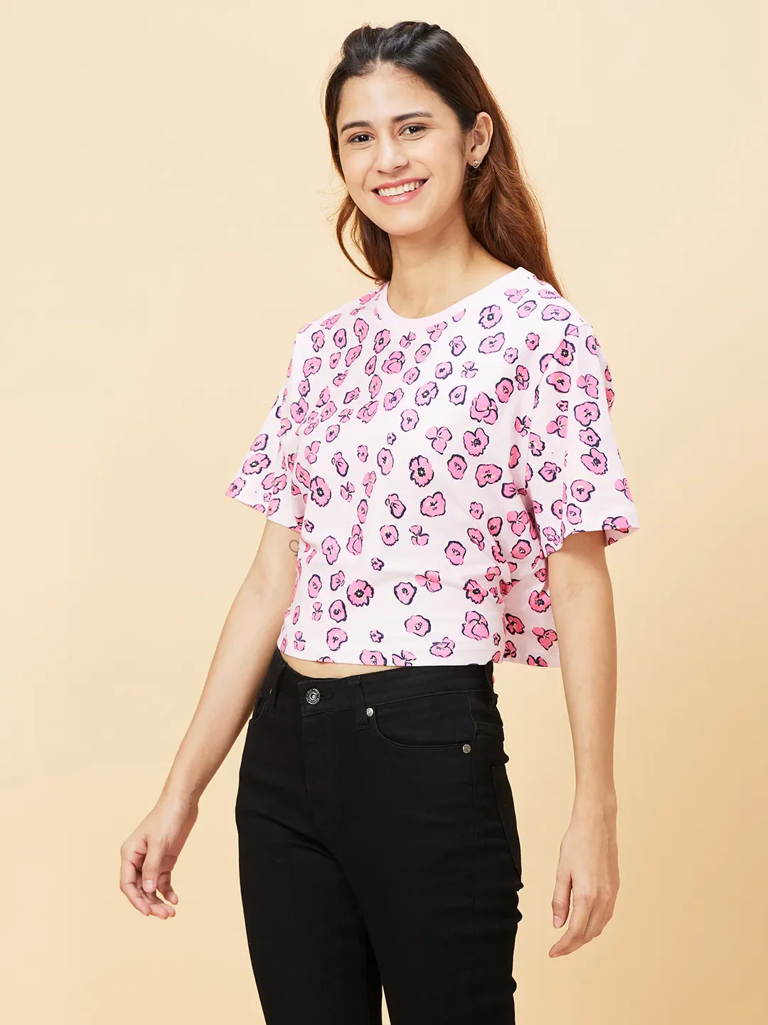 Pink Boxy Fit Women's Cotton Cropped T-Shirt By Being Human Clothing - Image 3