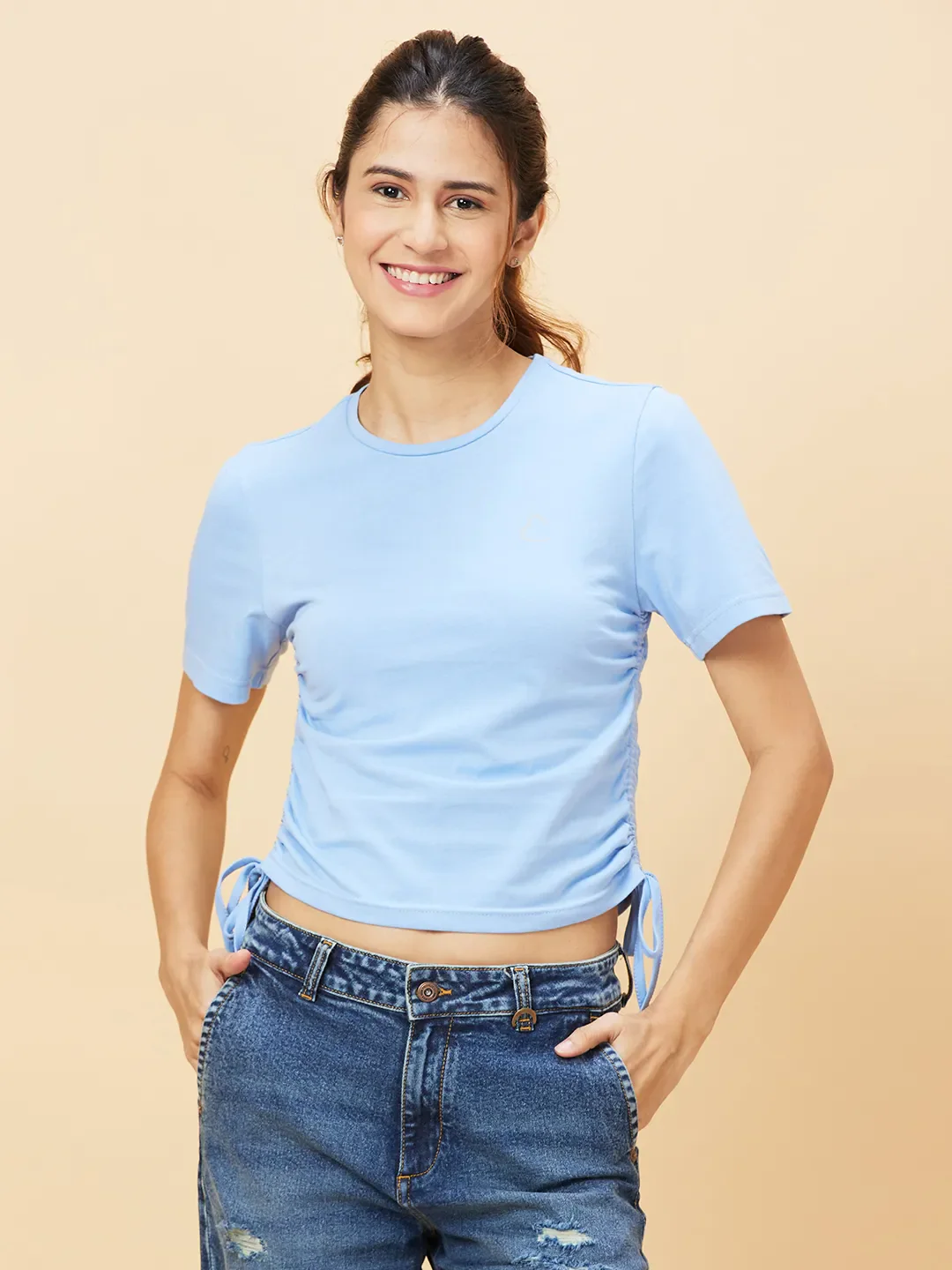 Blue Boxy Fit Women's Cotton Cropped T-Shirt By Being Human Clothing