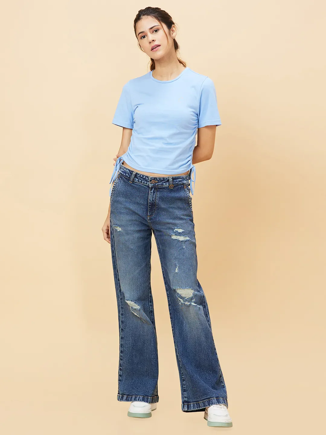 Blue Boxy Fit Women's Cotton Cropped T-Shirt By Being Human Clothing - Image 6