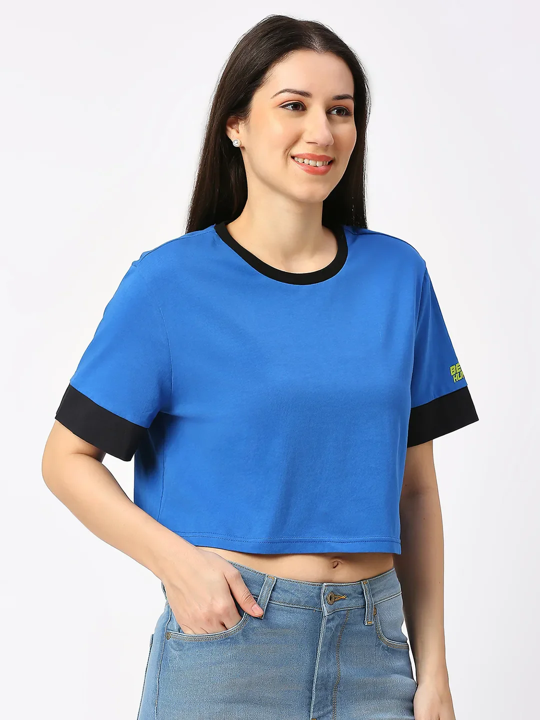 Blue Boxy Fit Women's Cotton Cropped T-Shirt By Being Human Clothing - Image 5
