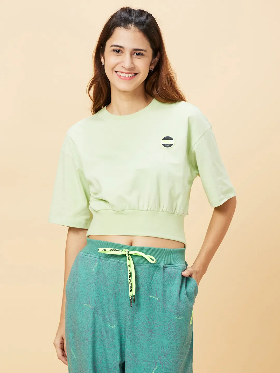Green Relaxed Fit Women's Cotton Cropped T-Shirt By Being Human Clothing
